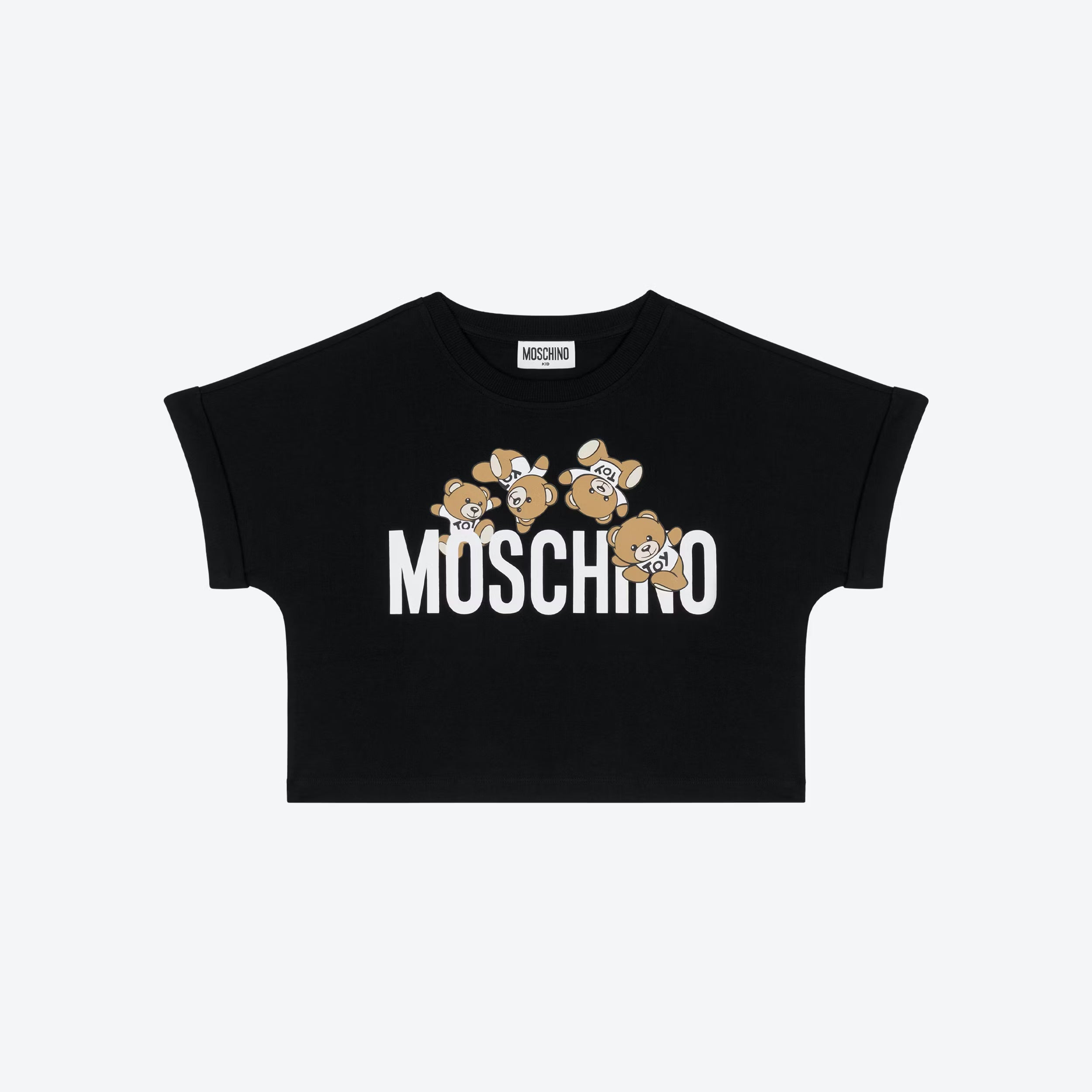 Girls Black Cropped Teddy Bear Cotton T-Shirt