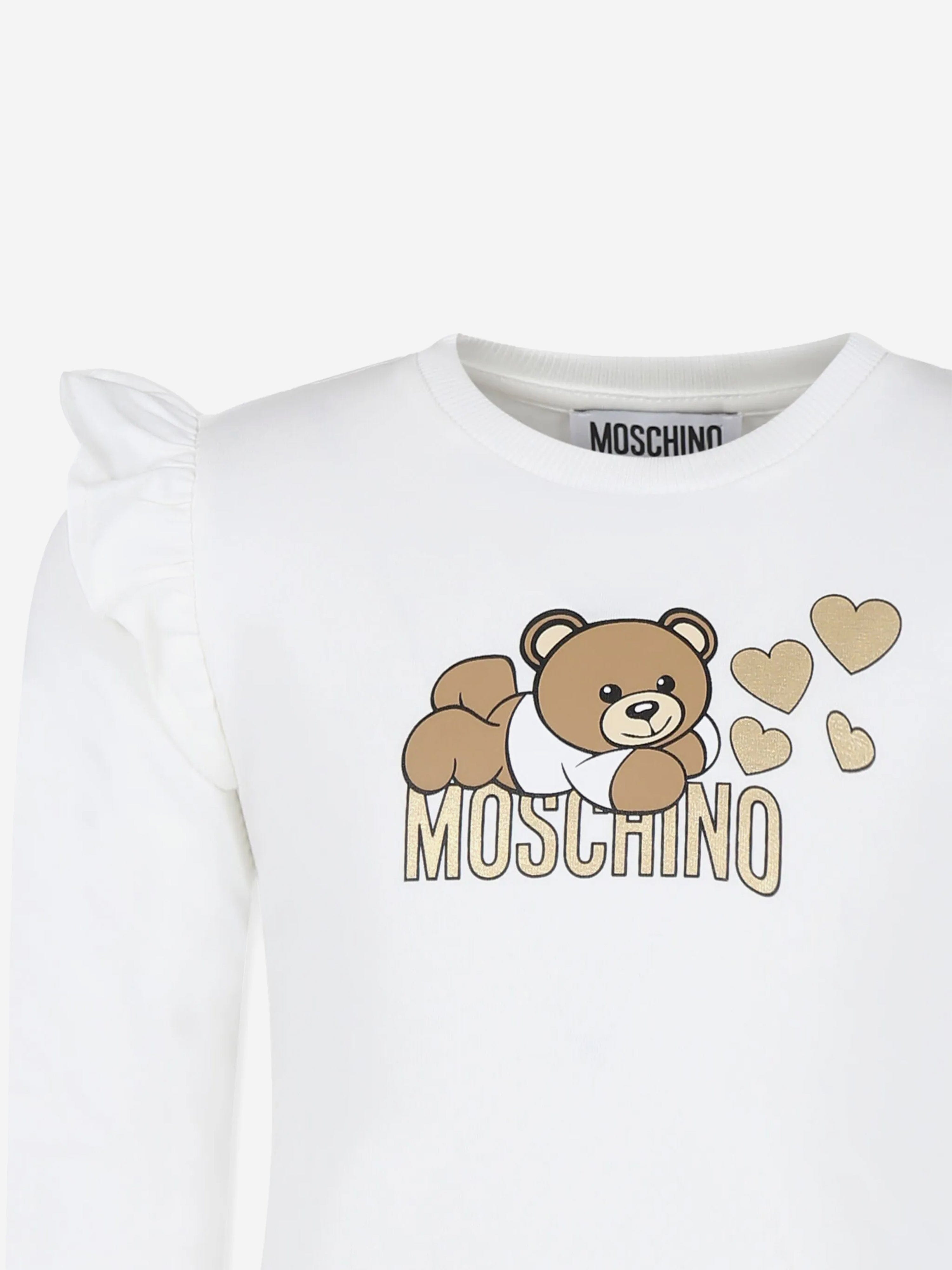 Moschino Girls Long Sleeve Logo T-Shirt in Ivory