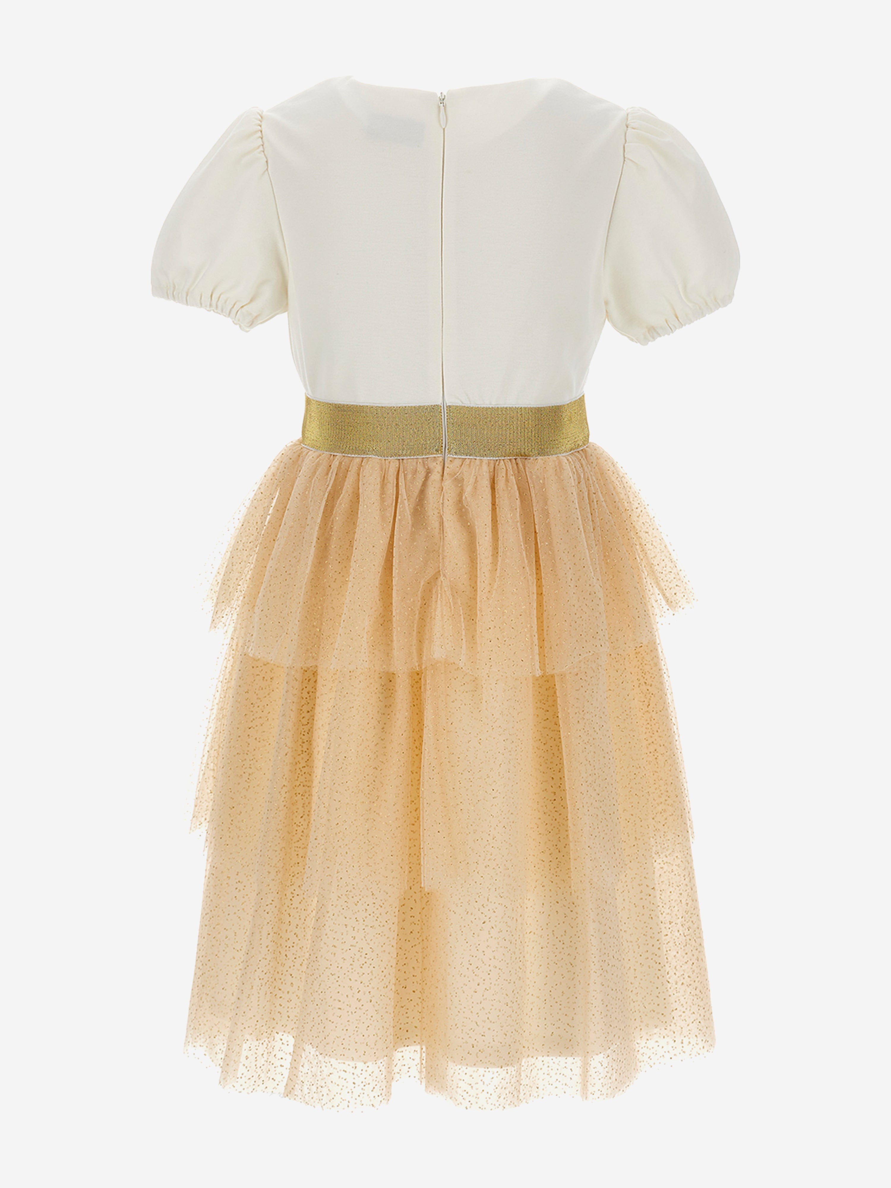 Moschino Girls Bear Logo Ruffle Dress in Ivory