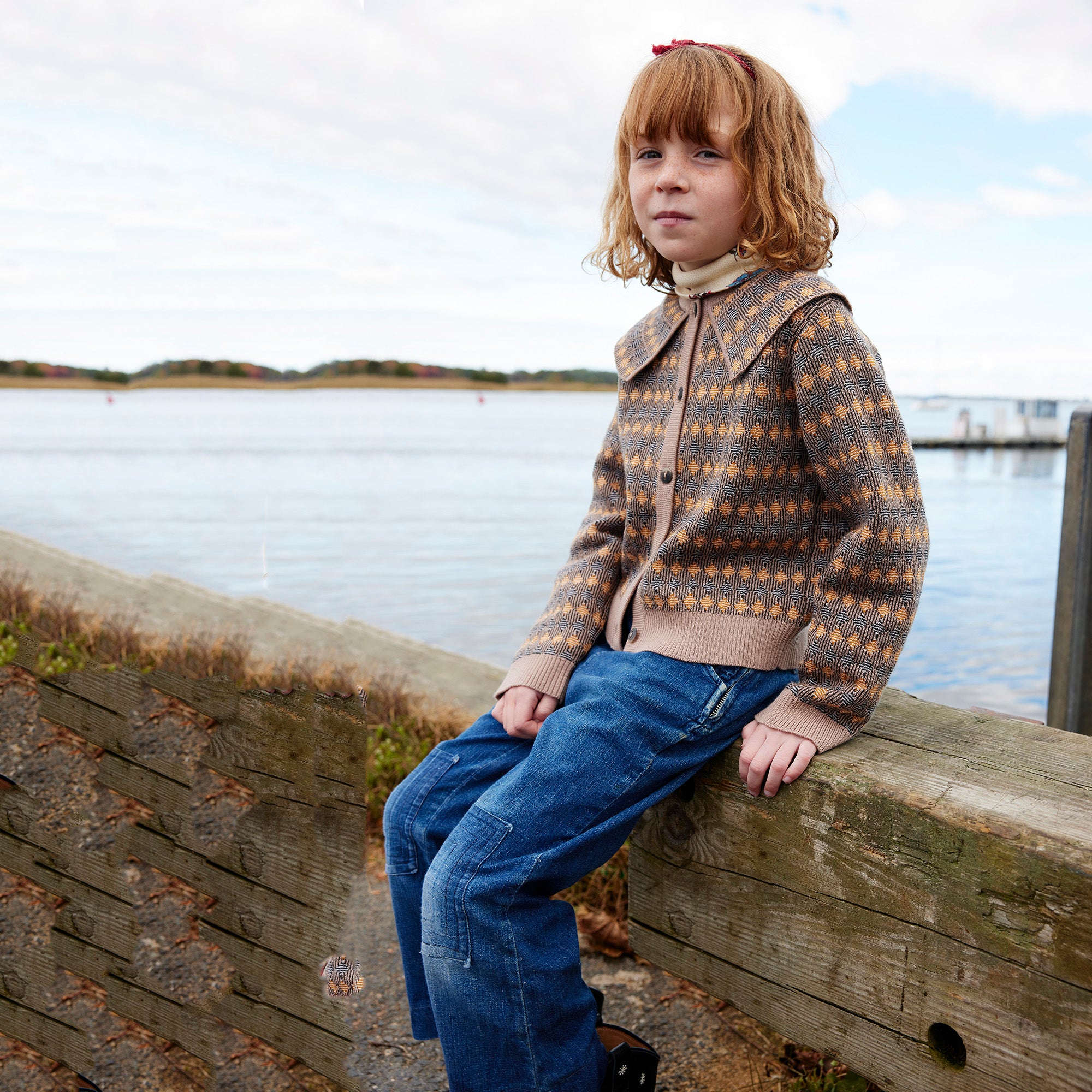 Girls Camel Maze Jacquard Wool Cardigan