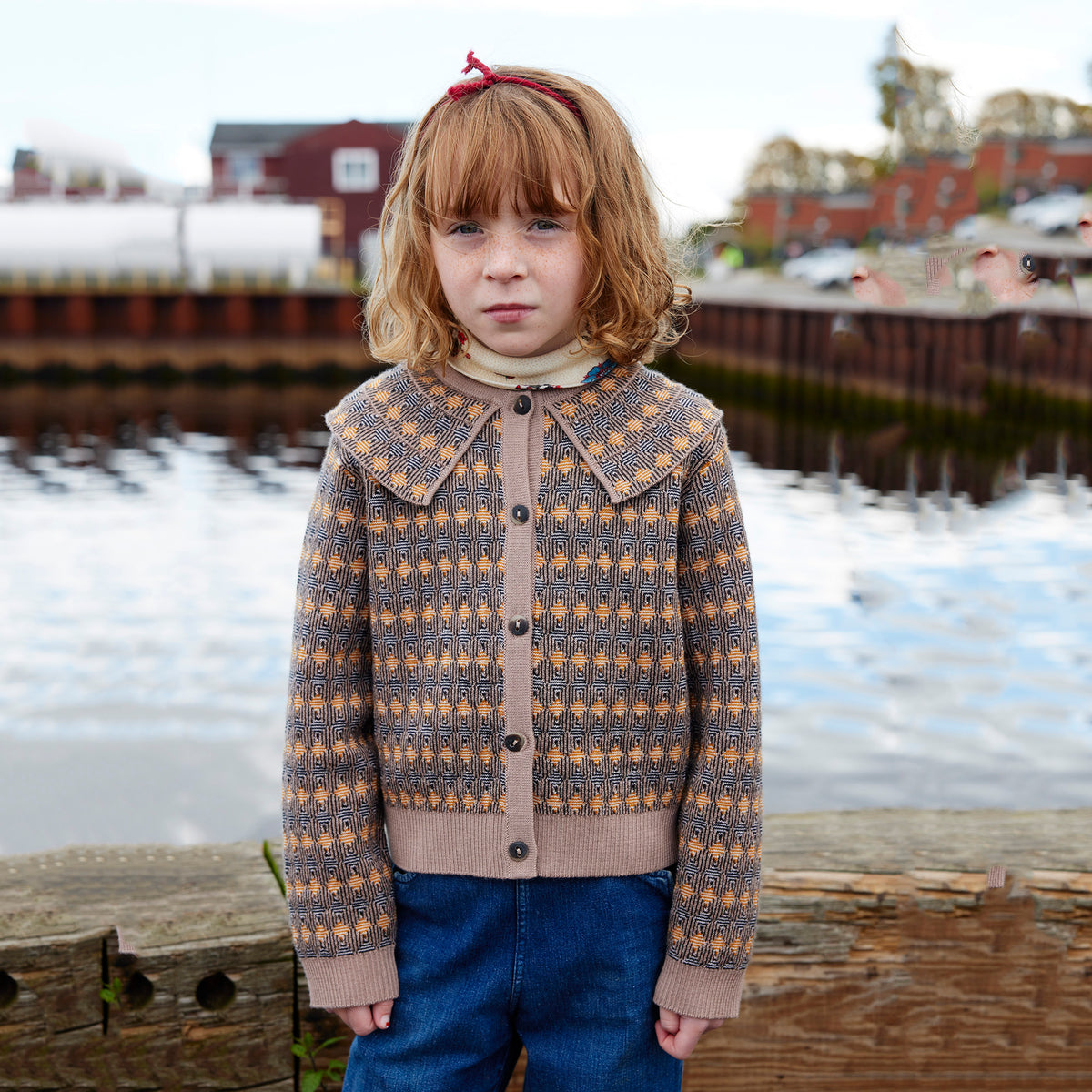 Girls Camel Maze Jacquard Wool Cardigan