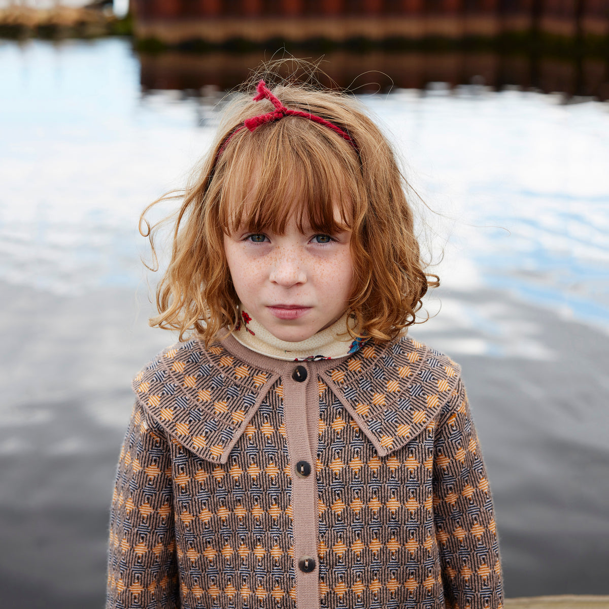 Girls Camel Maze Jacquard Wool Cardigan