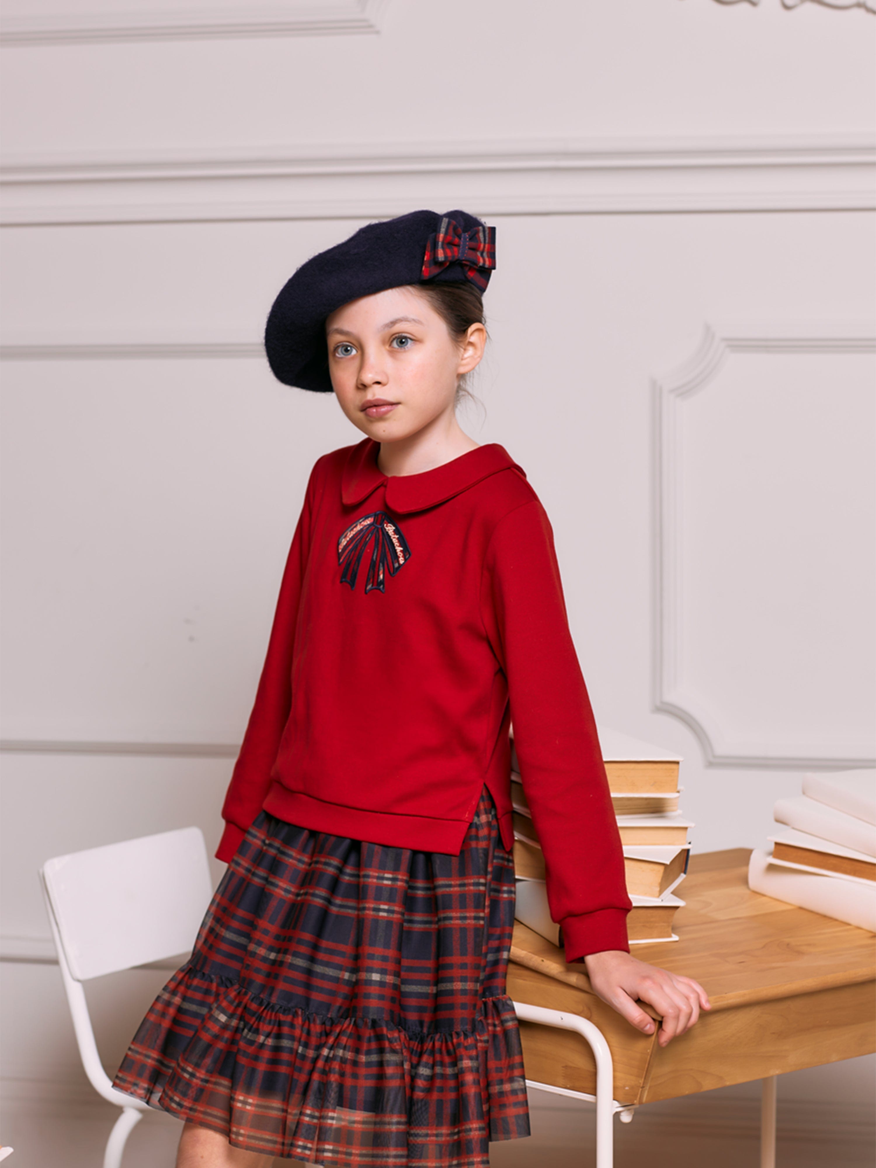 Girls Tartan Bow Beret in Navy