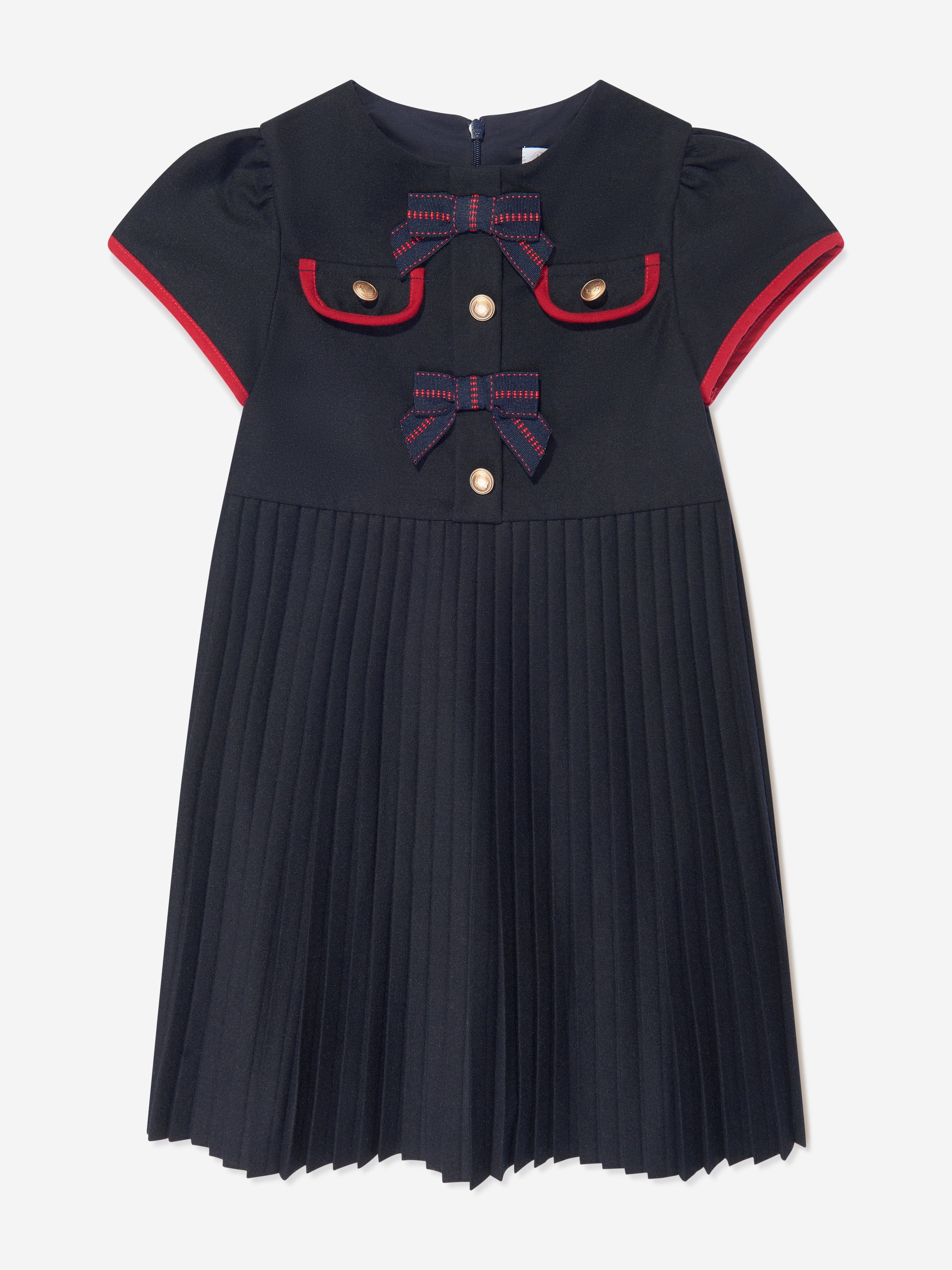 Girls Pleated Bow Dress in Navy
