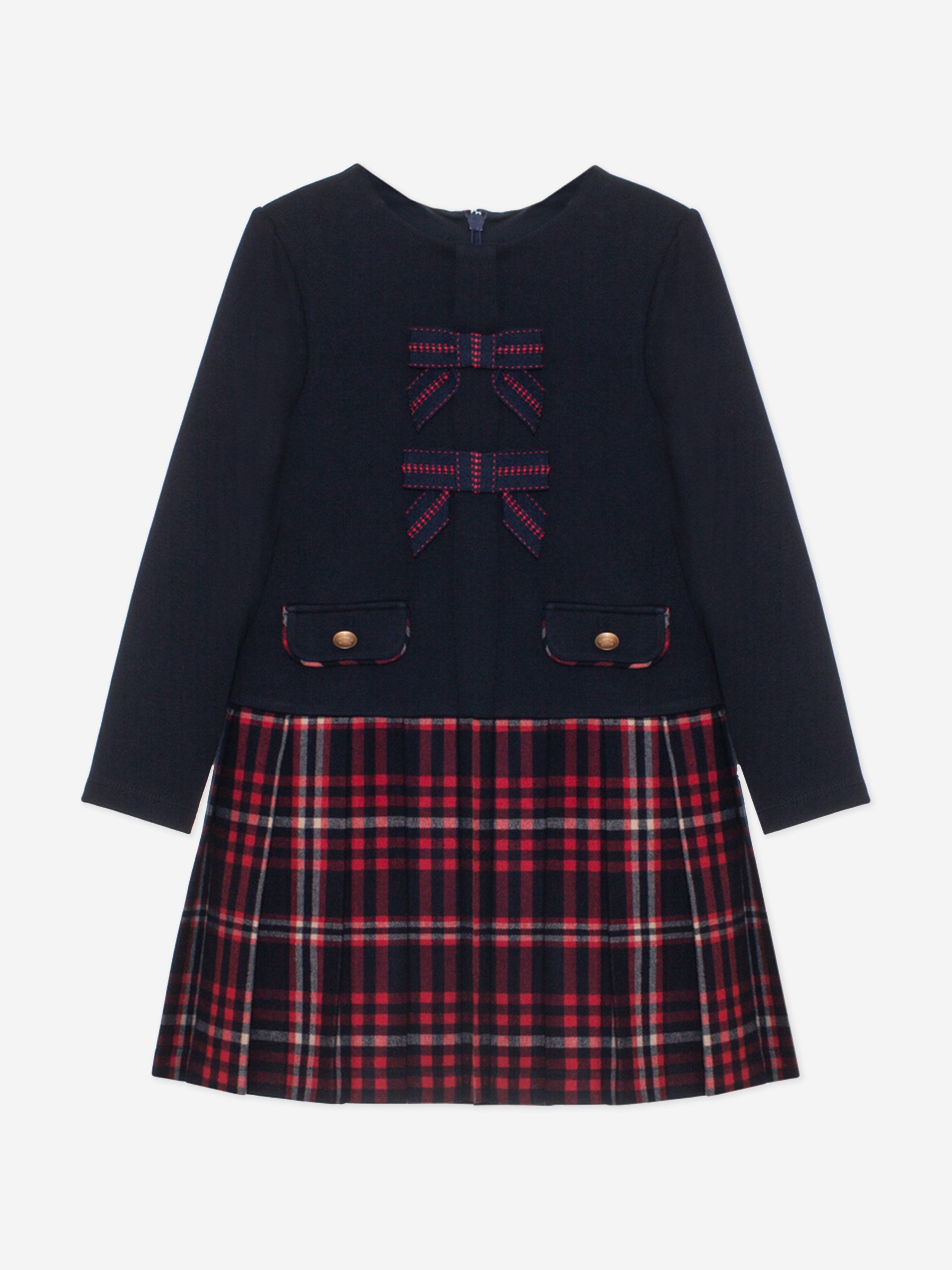 Girls Jersey and Tartan Flannel Dress in Navy