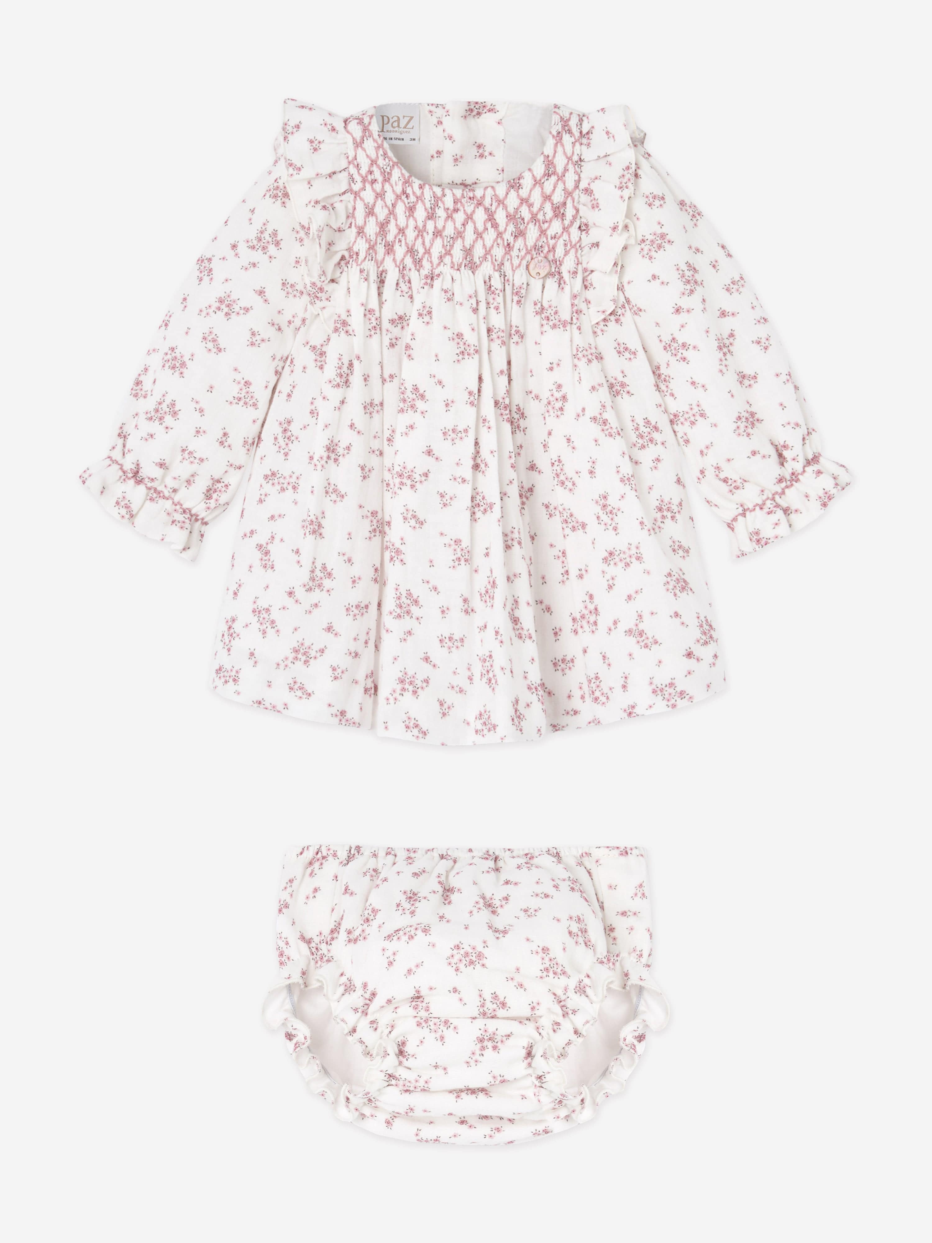 Baby Girls Floral Dress With Bloomers in White