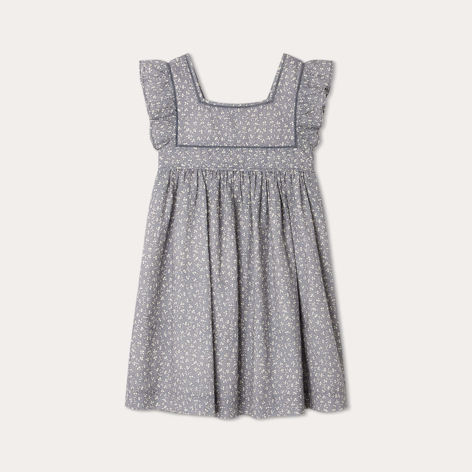 Girls Grey Blue Floral Cotton Dress