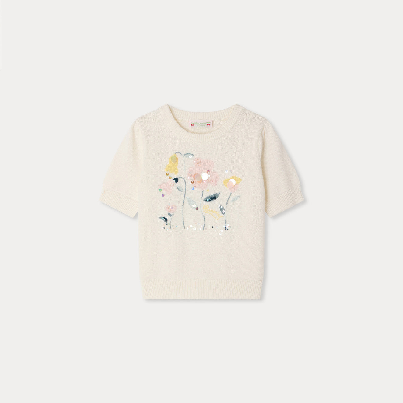 Girls White Flower Short Sleeves Cotton Sweater