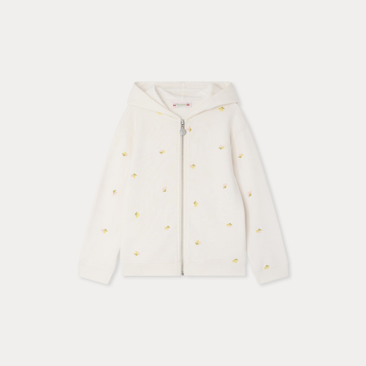 Girls White Cherry Embroidered Cotton Zip-Up Top