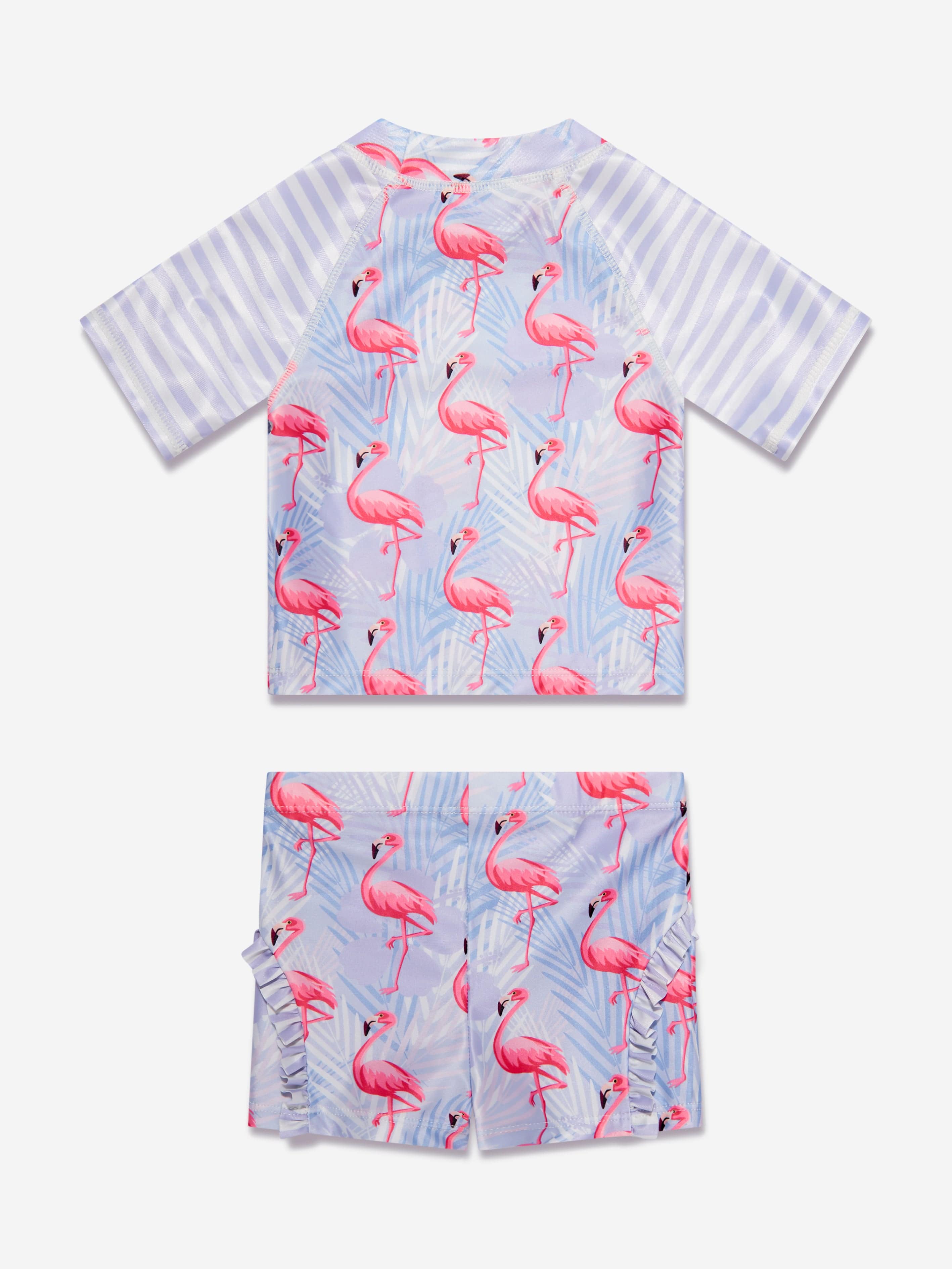 Soli Swim Baby Girls Flamingo Rash Guard and Shorts (UPF50+) in Purple