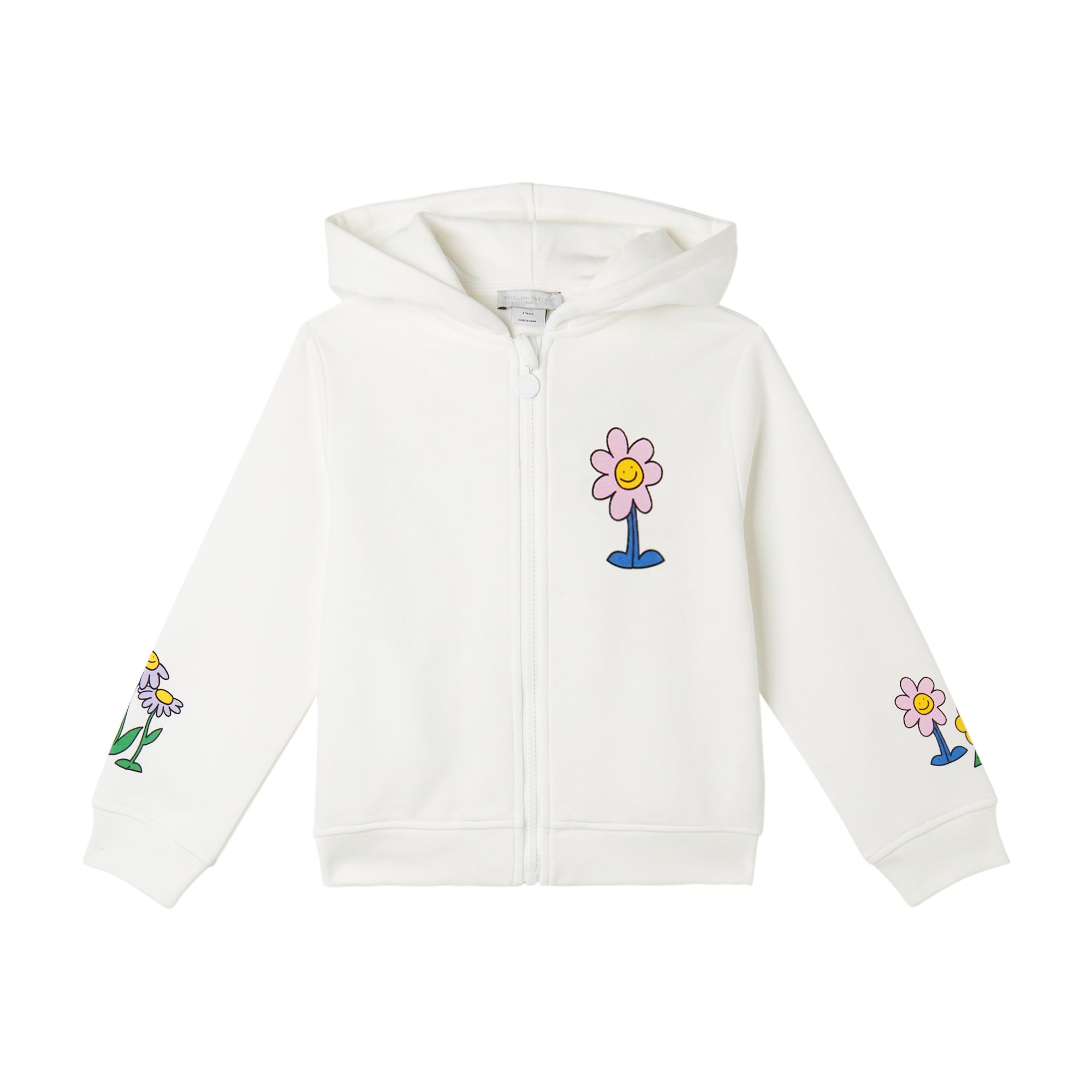 Girls White Flower Cotton Zip-Up Top