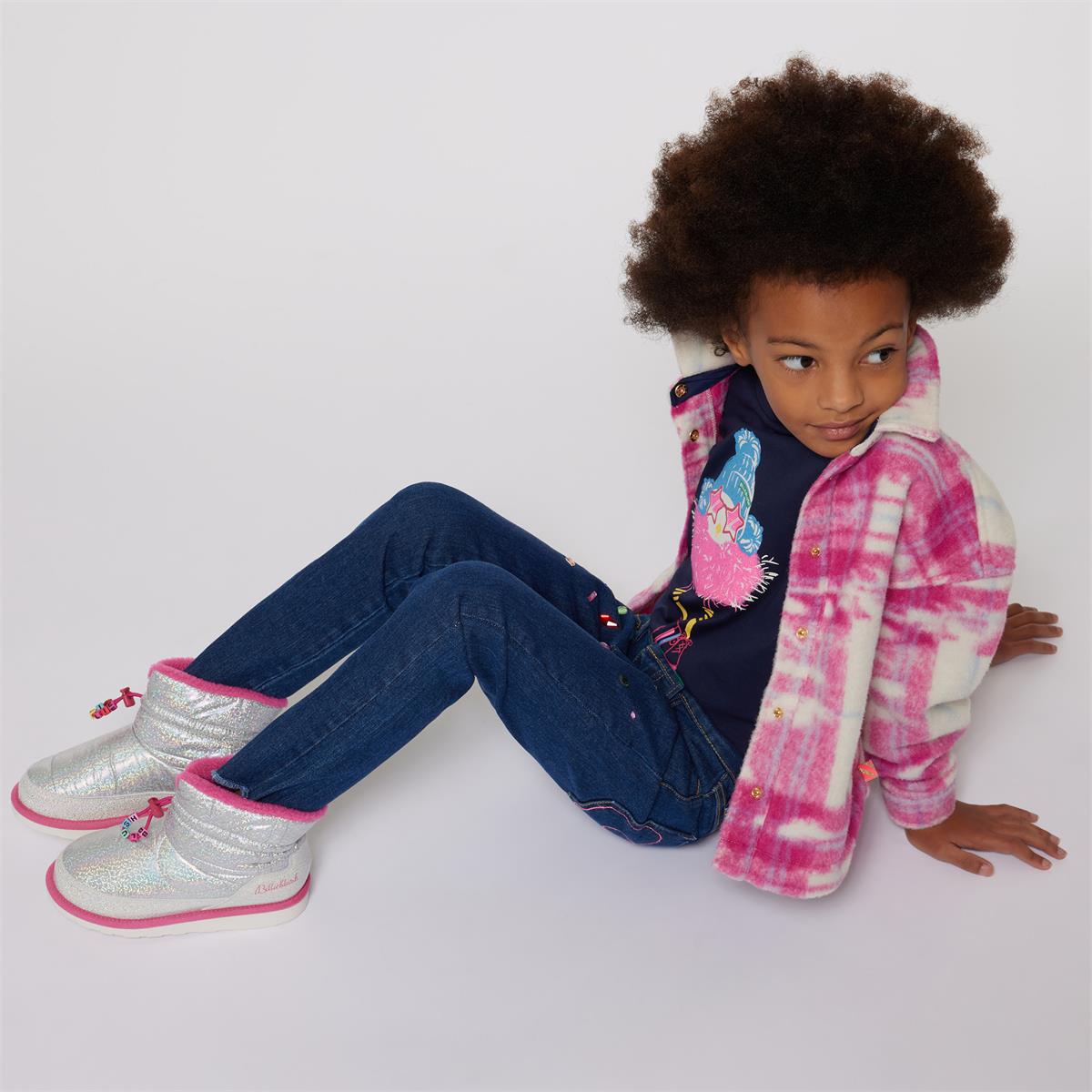 Girls Dark Blue Printed Cotton T-Shirt