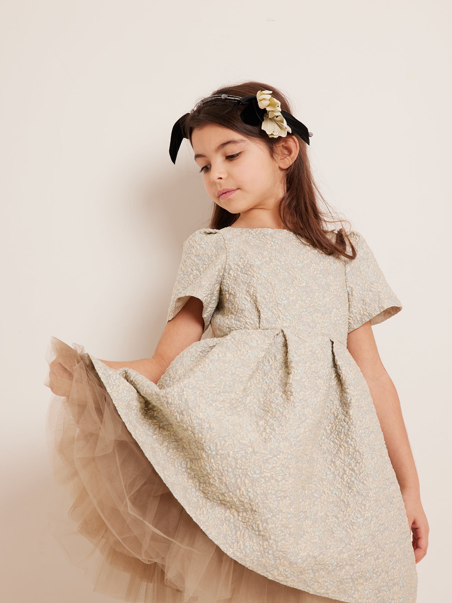 Girls Beige Jacquard Dress