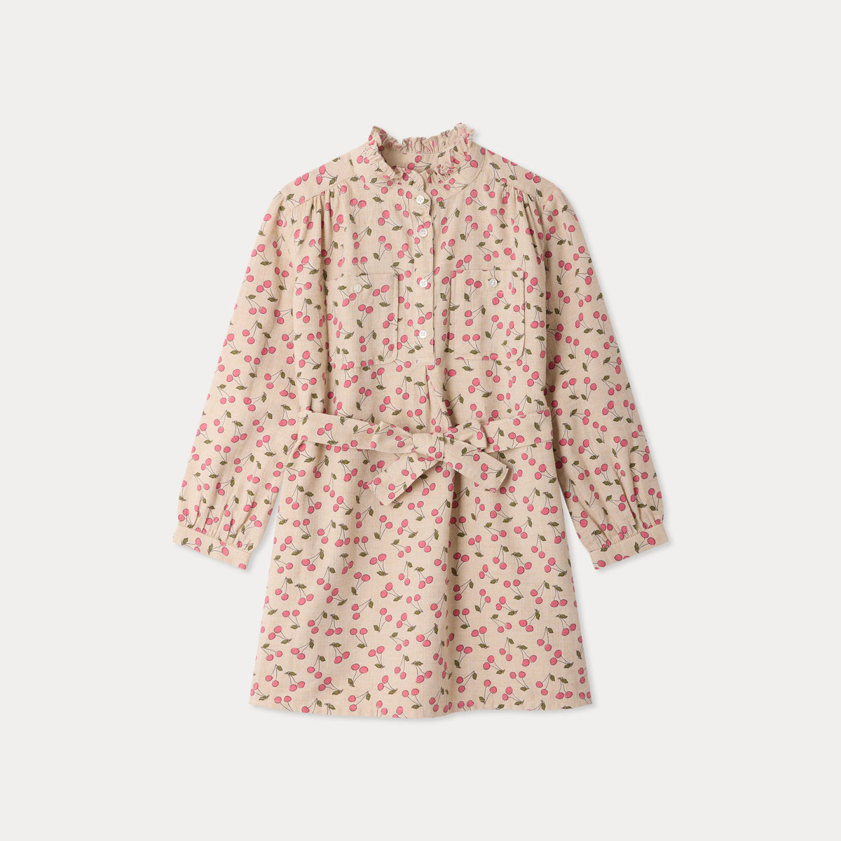 Girls Beige Cherry Printed Cotton Dress