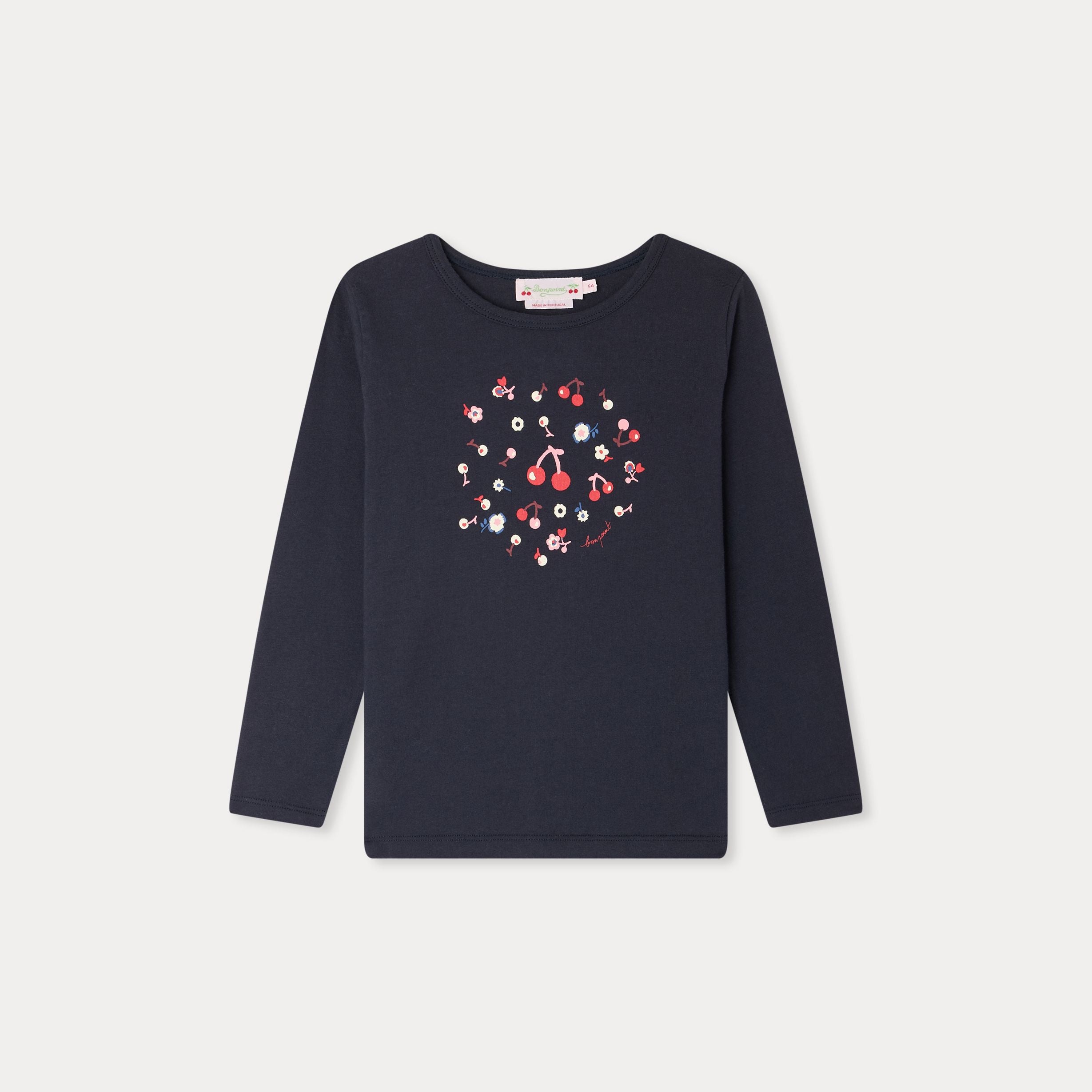 Girls Navy Cherry Printed Cotton T-Shirt