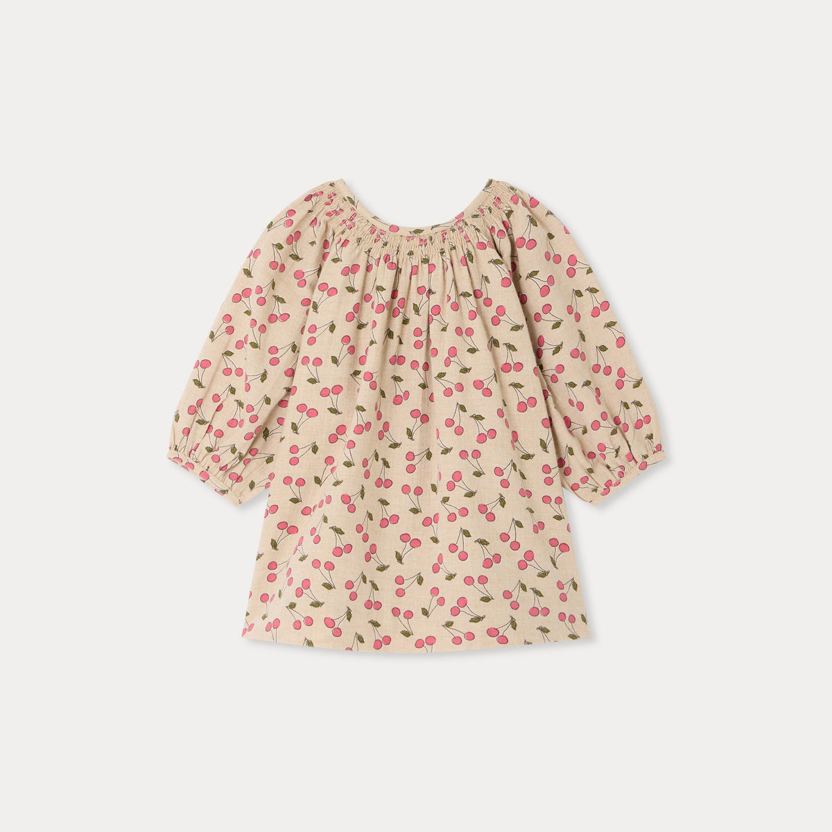 Baby Girls Beige Cherry Printed Cotton Dress