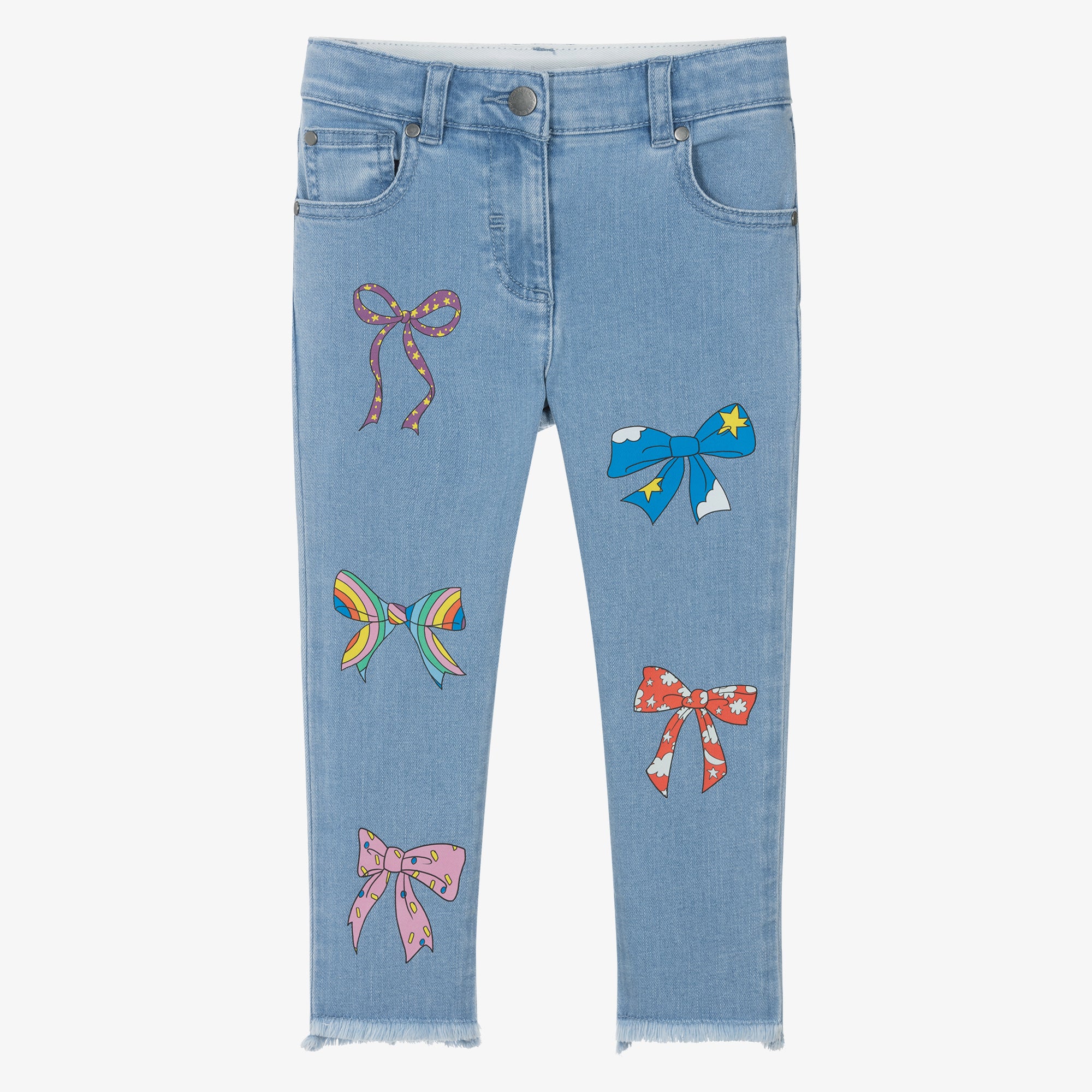 Girls Light Blue Bow Printed Denim Trousers