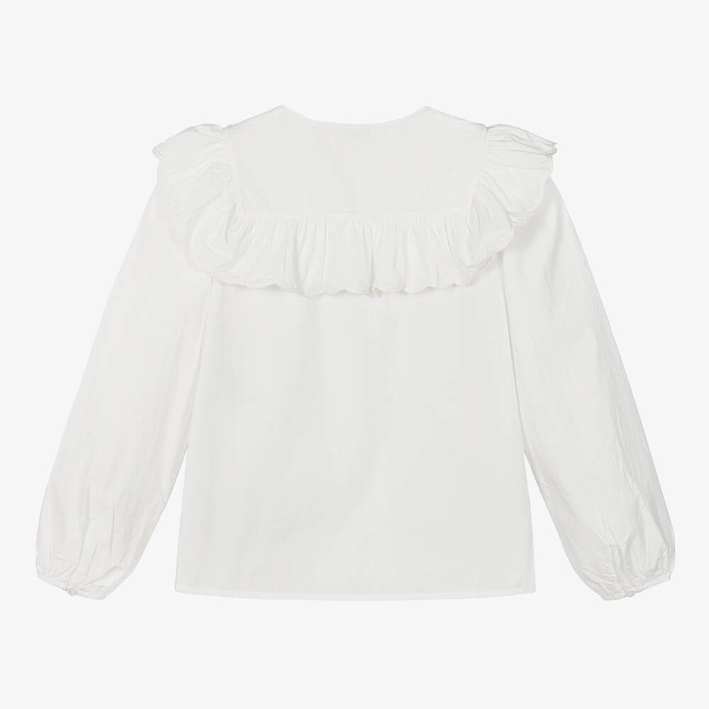Girls White Ruffled Cotton Shirt