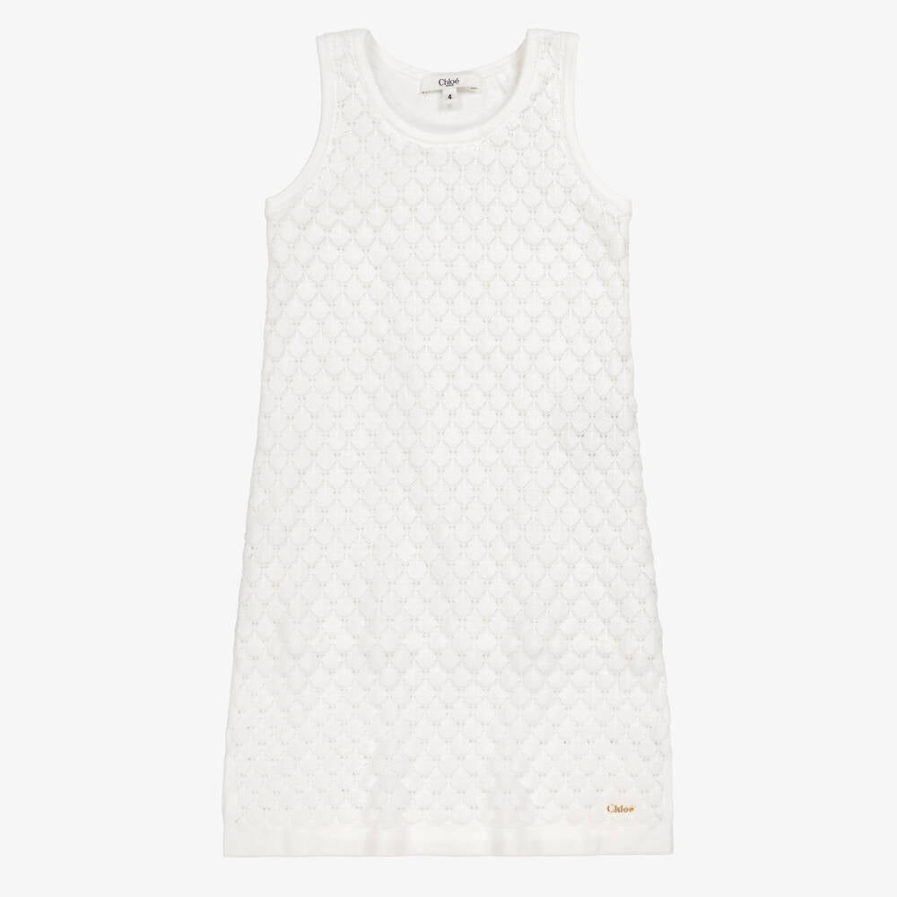 Girls White Knit Cotton Dress