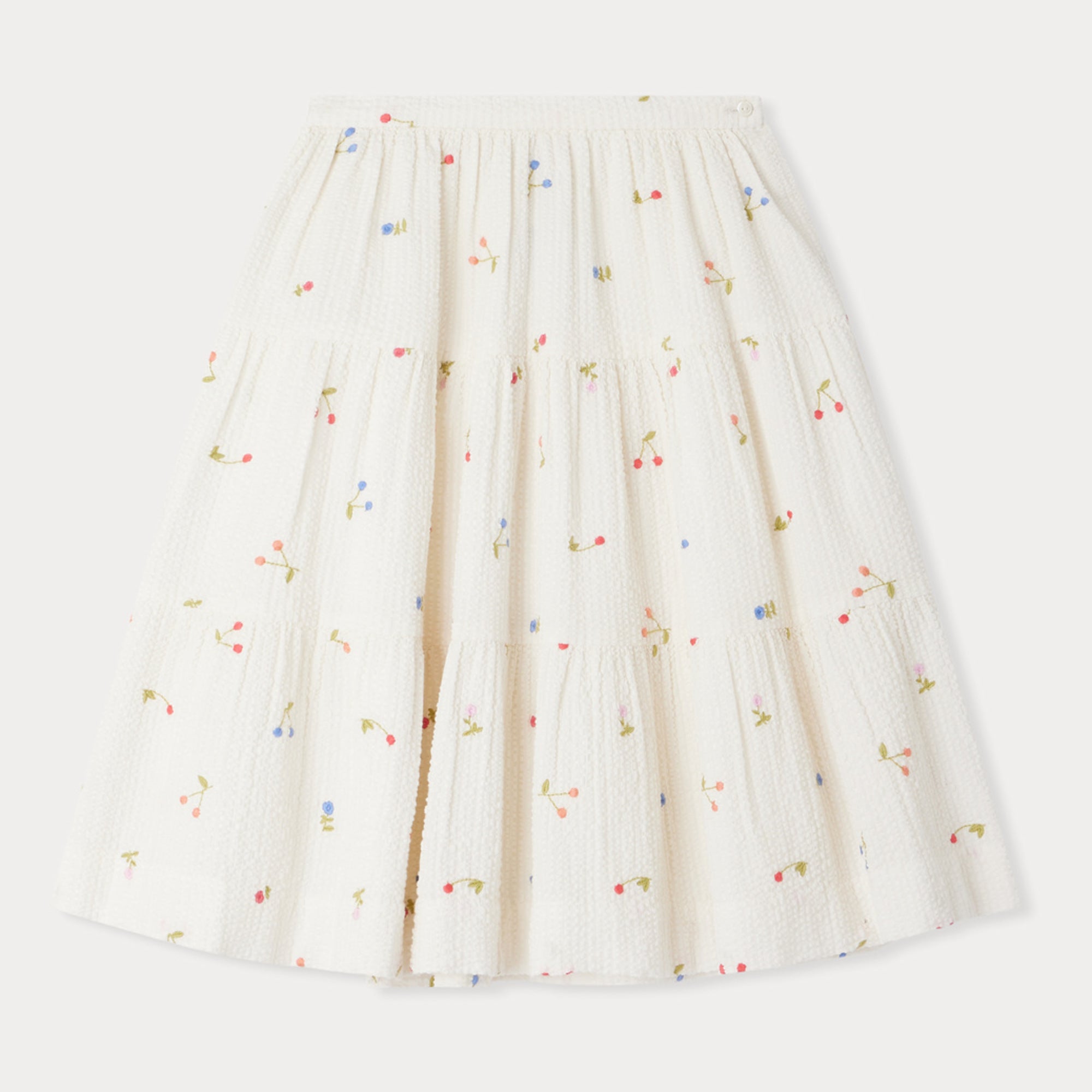 Girls White Cherry Embroidered Cotton Skirt