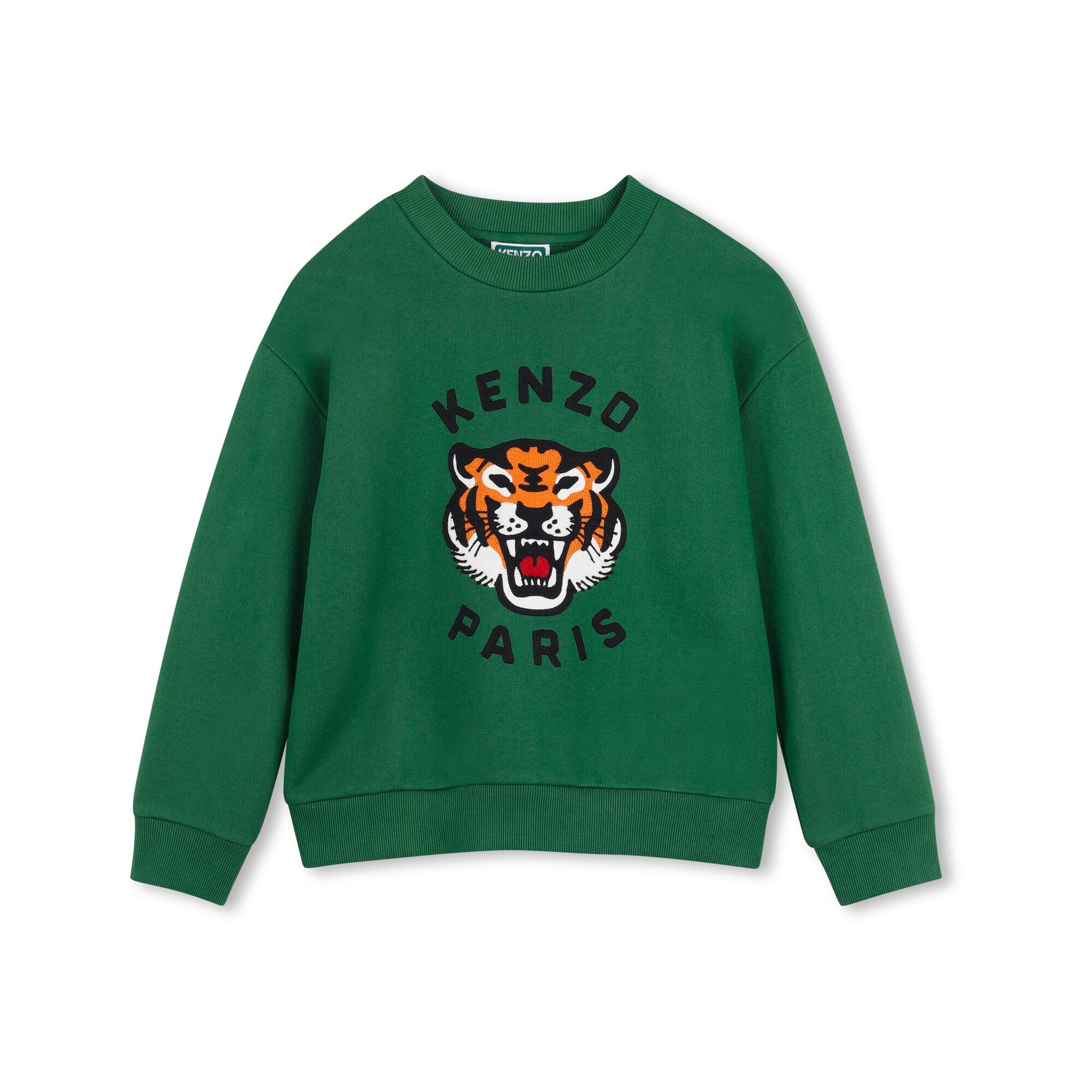 Boys & Girls Green Embroidered Tiger Cotton Sweatshirt