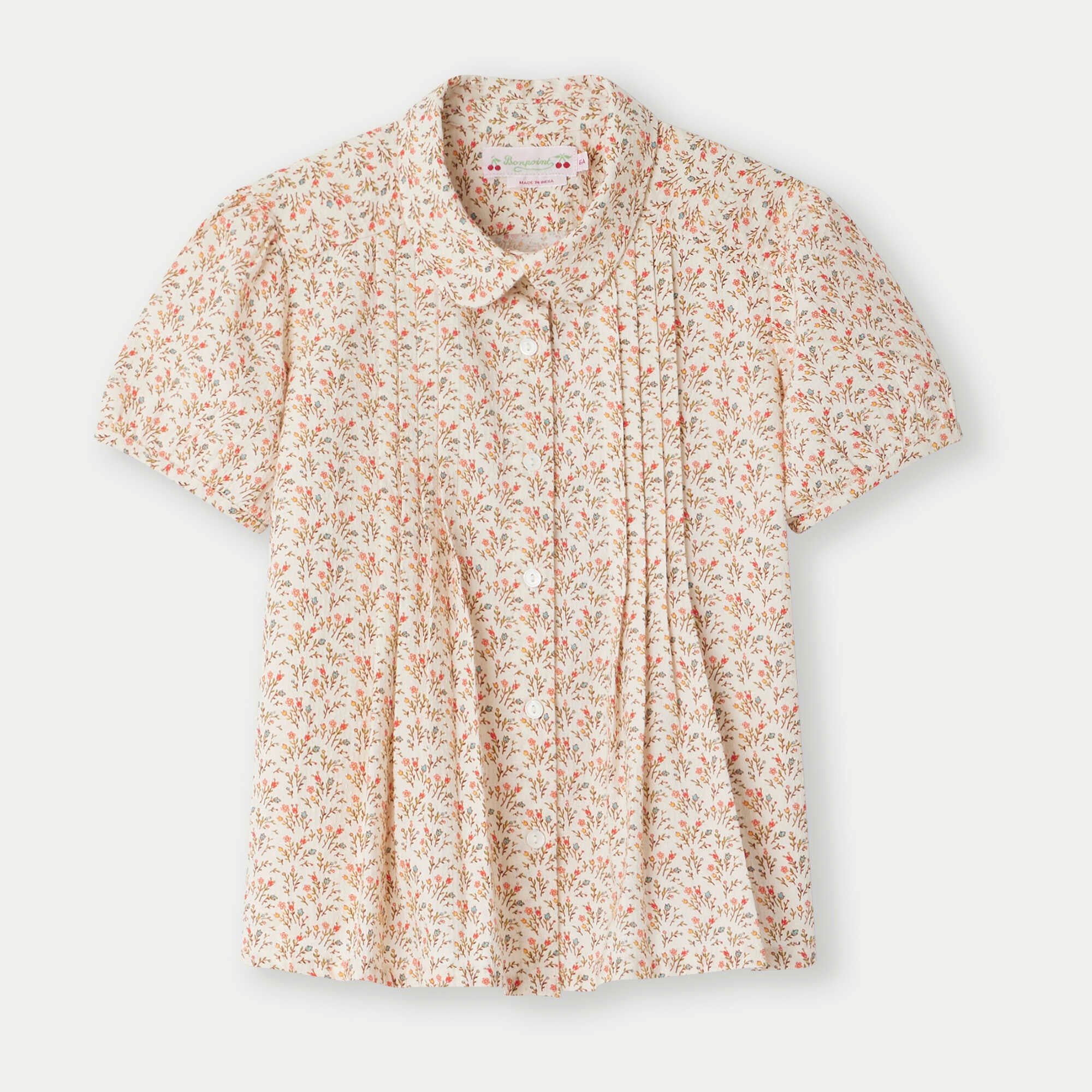 Girls Beige Floral Cotton Shirt