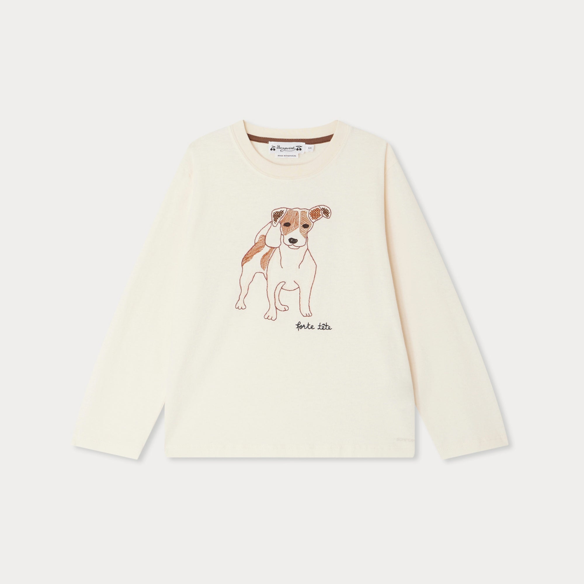 Boys White Embroidered Dog Cotton T-Shirt