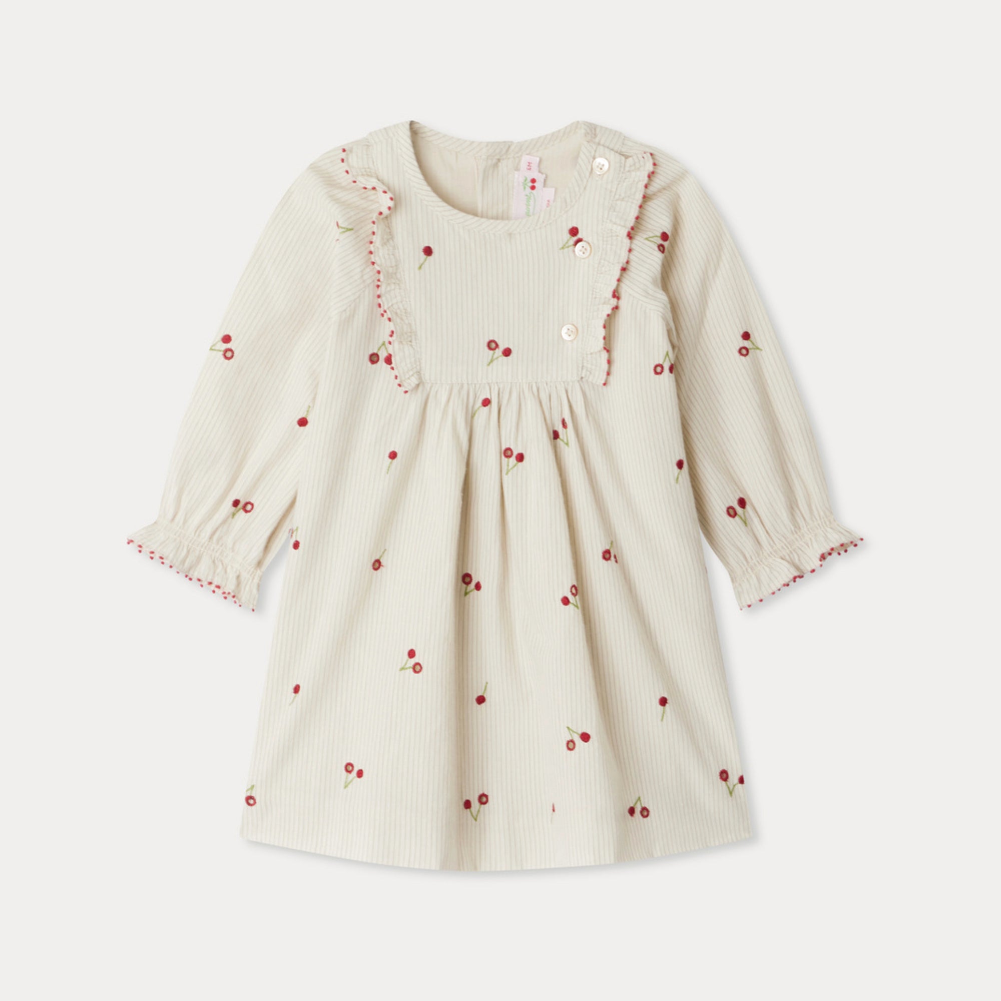 Baby Girls Beige Cherry Embroidered Cotton Dress
