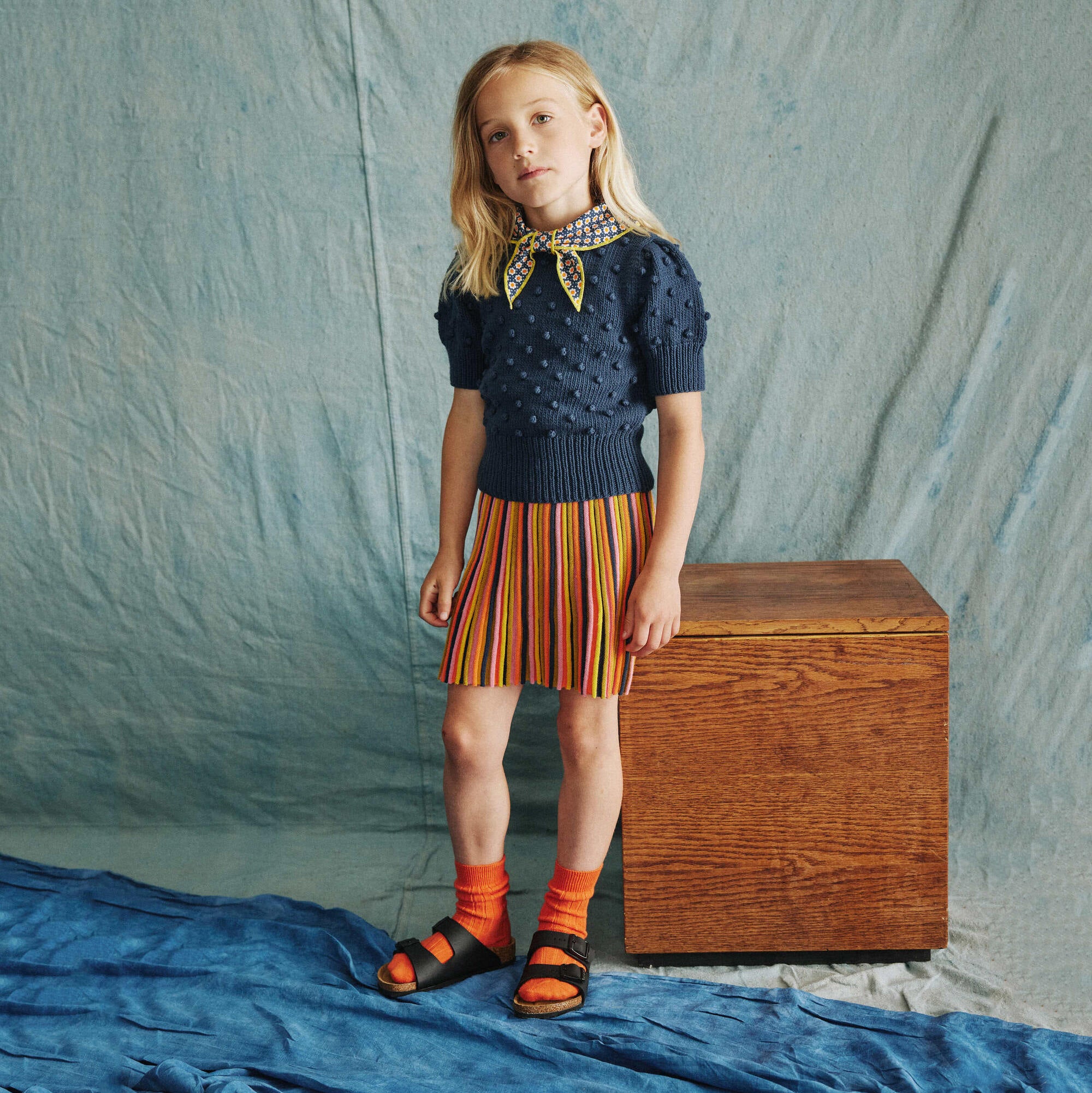 Girls Navy Popcorn Cotton Sweater