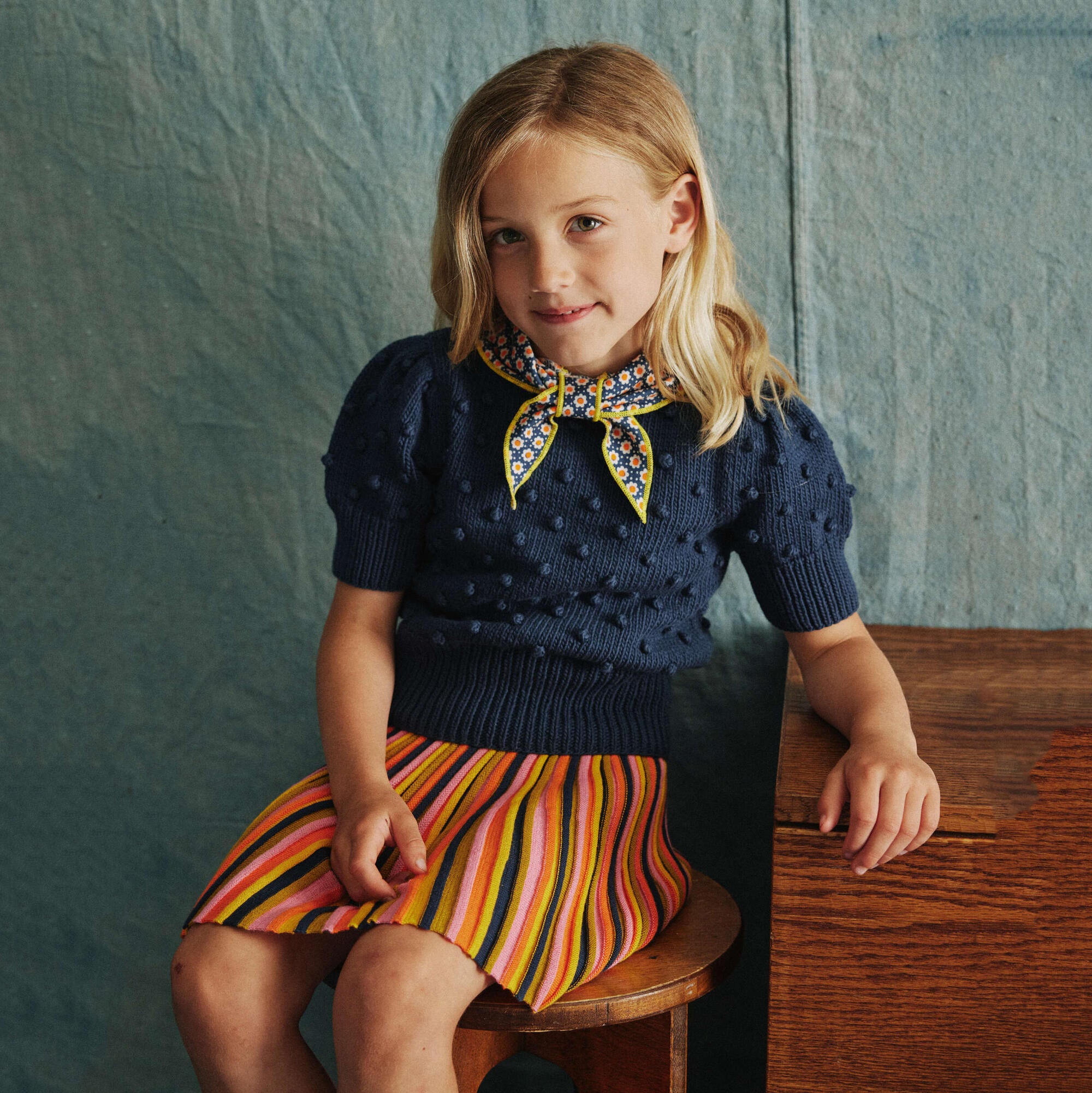 Girls Navy Popcorn Cotton Sweater