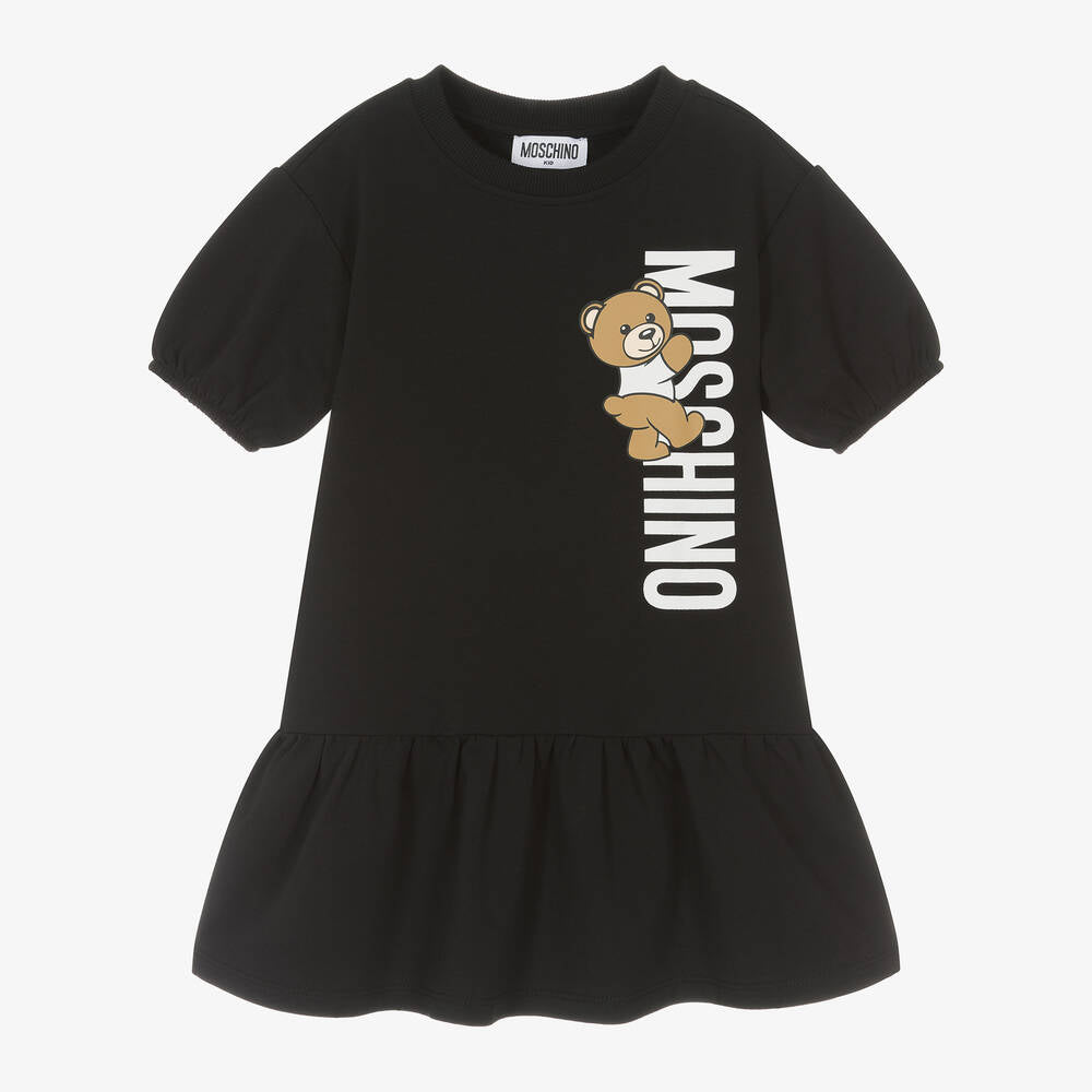 Girls Black Teddy Bear Cotton Dress