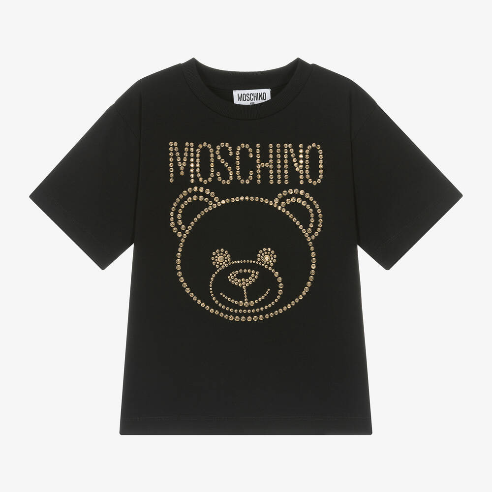 Girls Black Teddy Cotton T-Shirt