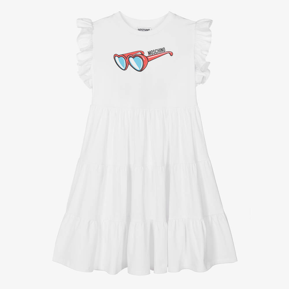 Girls White Printed Cotton Dress