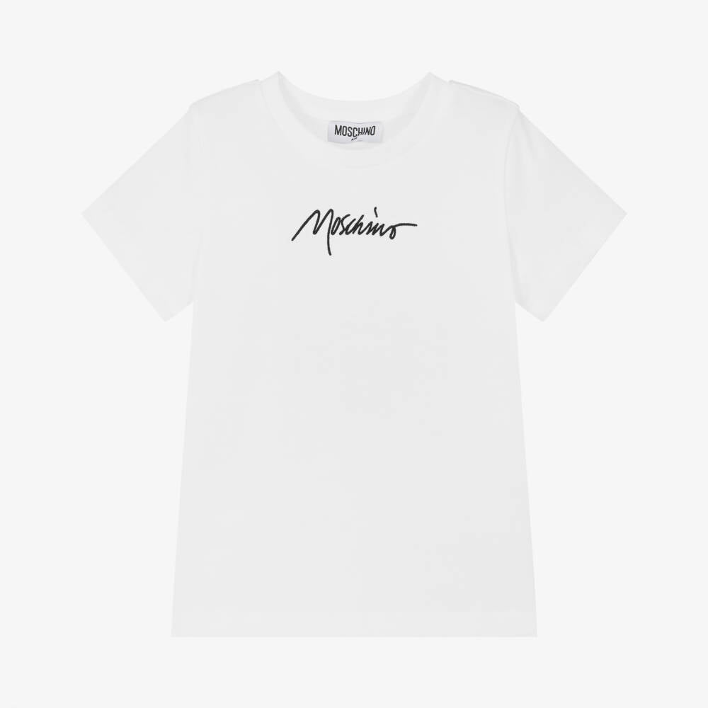 Boys & Girls White Embroidered Logo Cotton T-Shirt