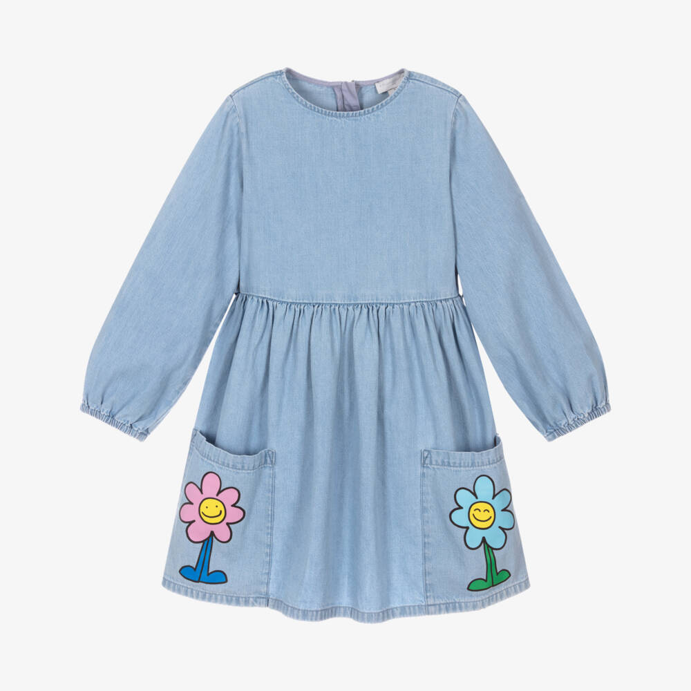 Girls Light Blue Flower Denim Dress