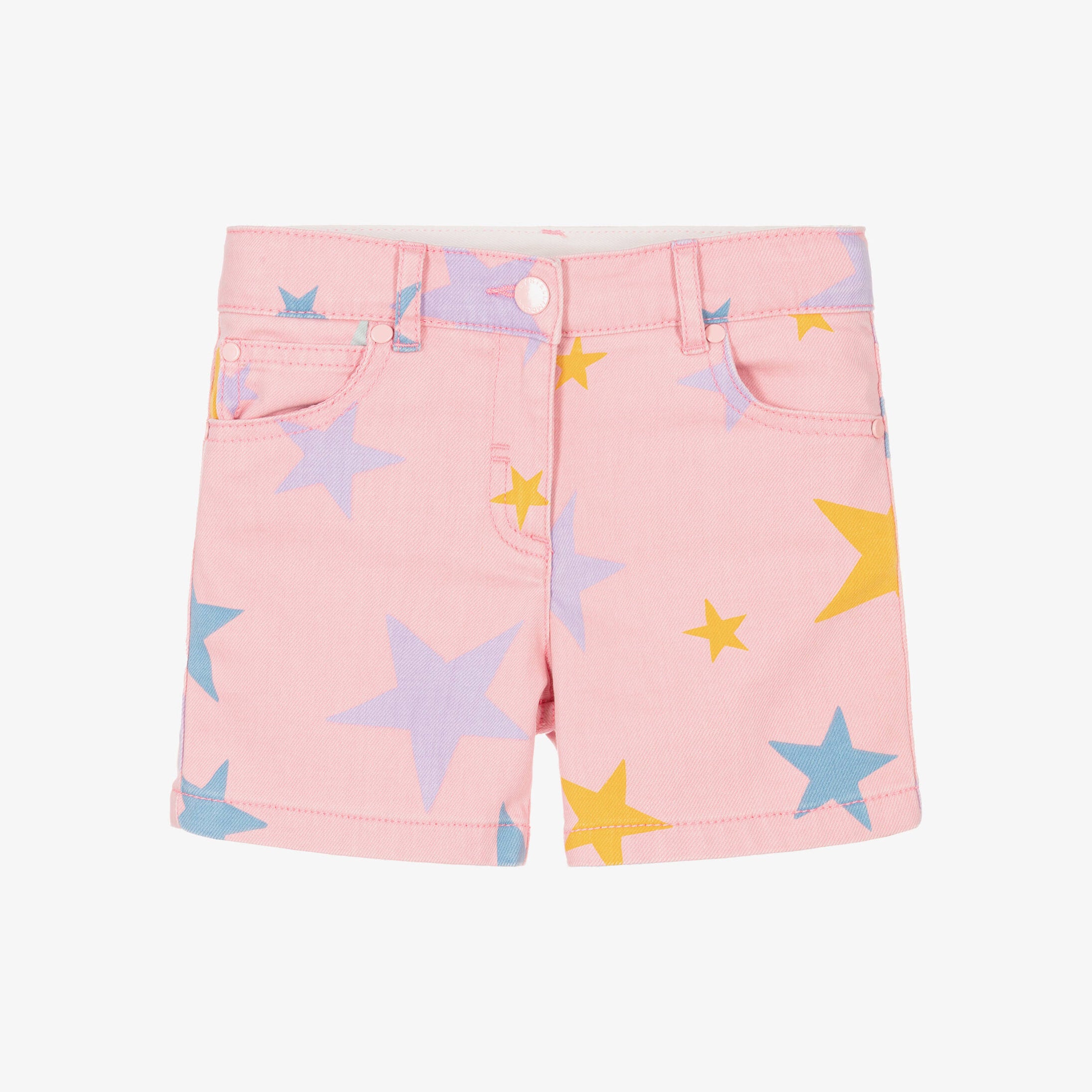 Girls Light Pink Star Printed Denim Shorts