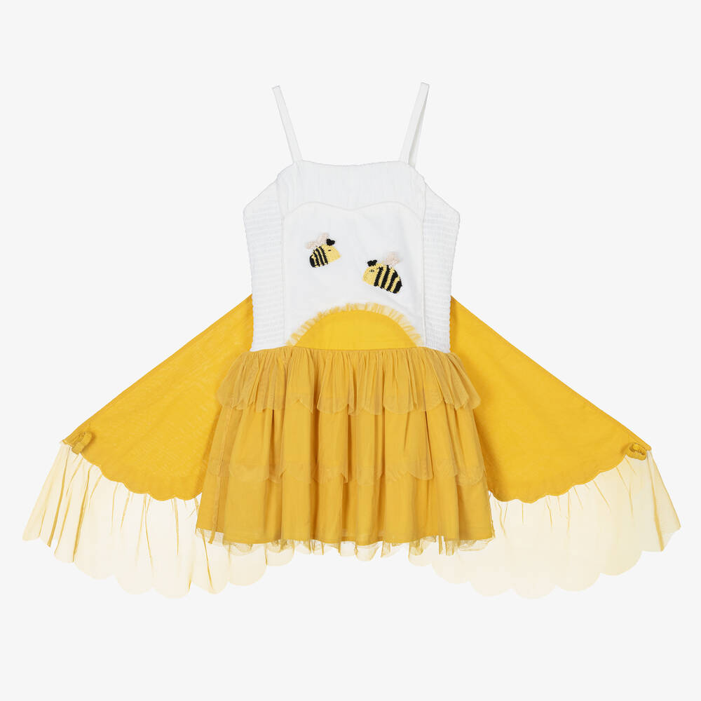 Girls White Bee Cotton Dress