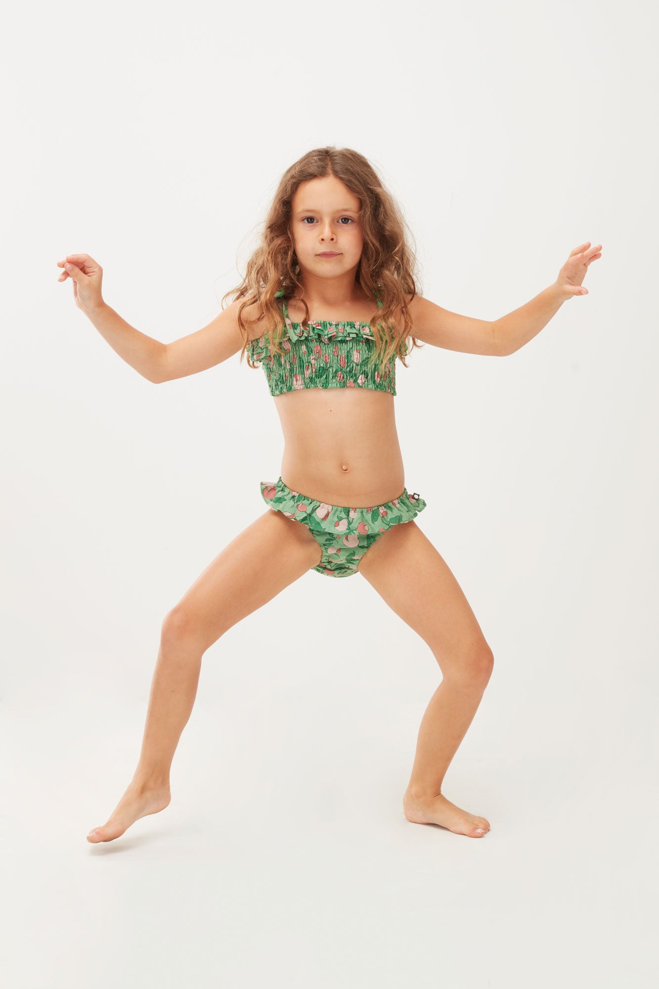 Girls Green Flowers Swimsuit
