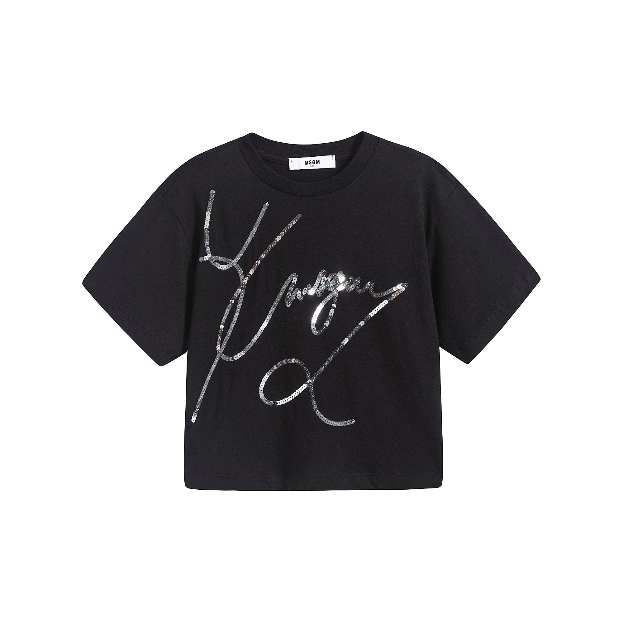 Girls Black Glitter Logo Cotton T-Shirt