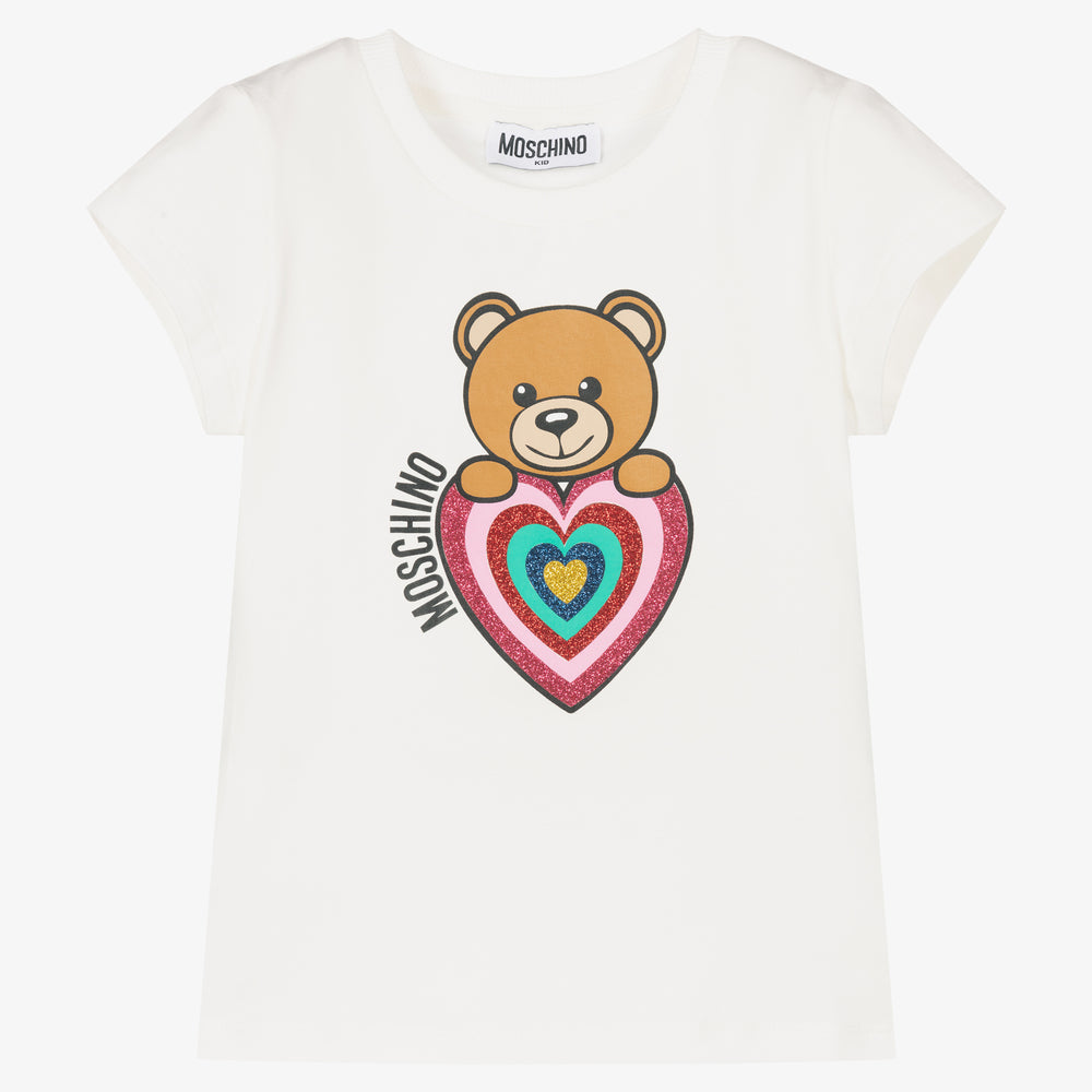 Girls White Printed Cotton T-Shirt