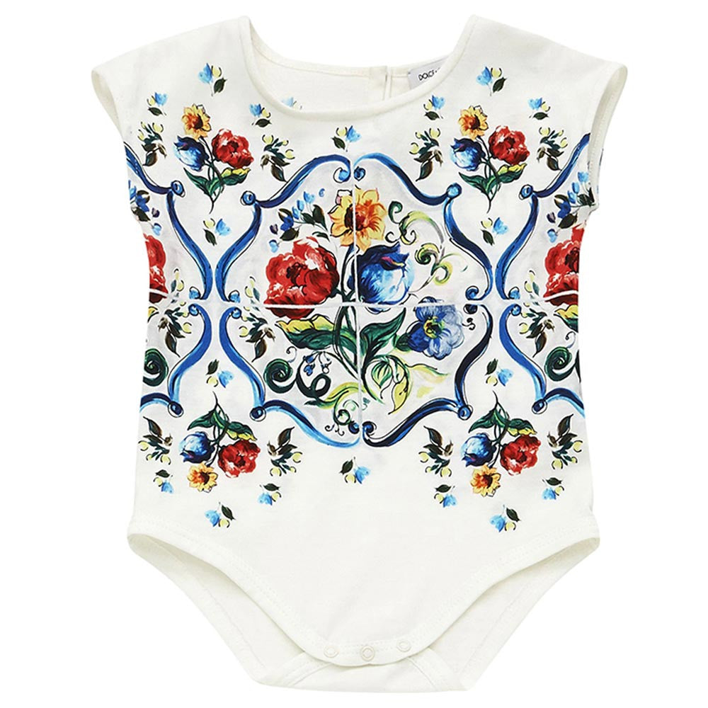 Baby Girls White Mailoica Bouquet Printed Cotton Bodysuit - CÉMAROSE | Children's Fashion Store - 1