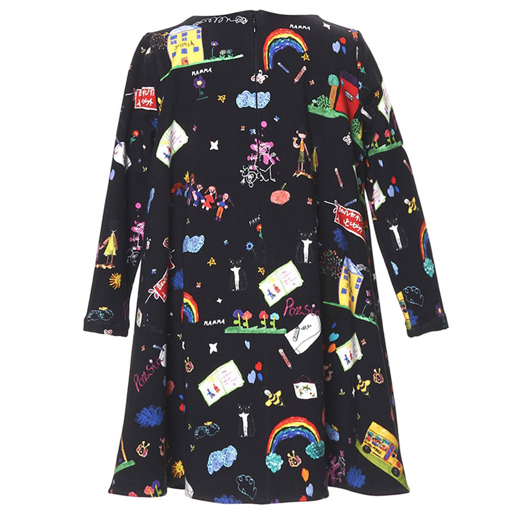 Girls Navy Blue Cotton Dress With Colorful Print Trims - CÉMAROSE | Children's Fashion Store - 2