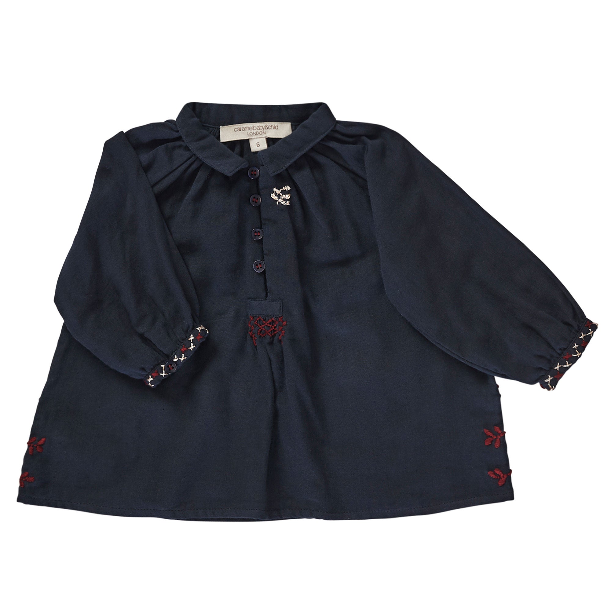Baby Girls Navy Blue Ribbed Cuffs Cotton Blouse - CÉMAROSE | Children's Fashion Store - 1