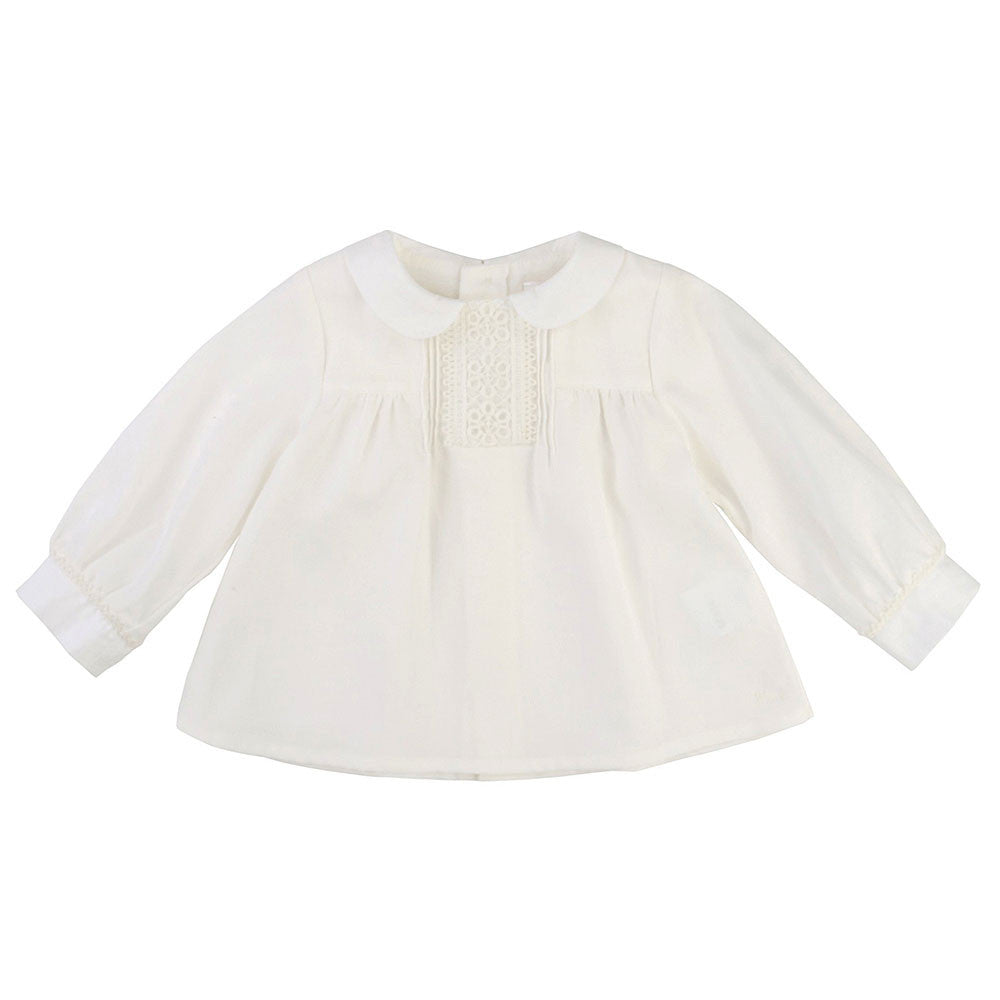 Baby Girls White Ribbed Cuffs Cotton Blouse - CÉMAROSE | Children's Fashion Store