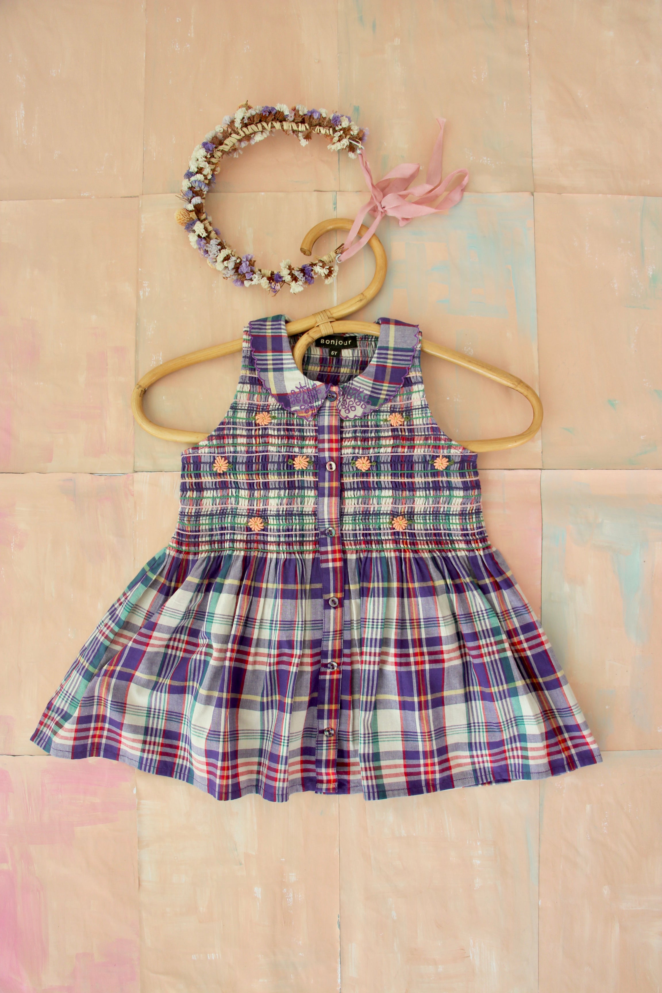 Girls Purple Check Embroidery Top