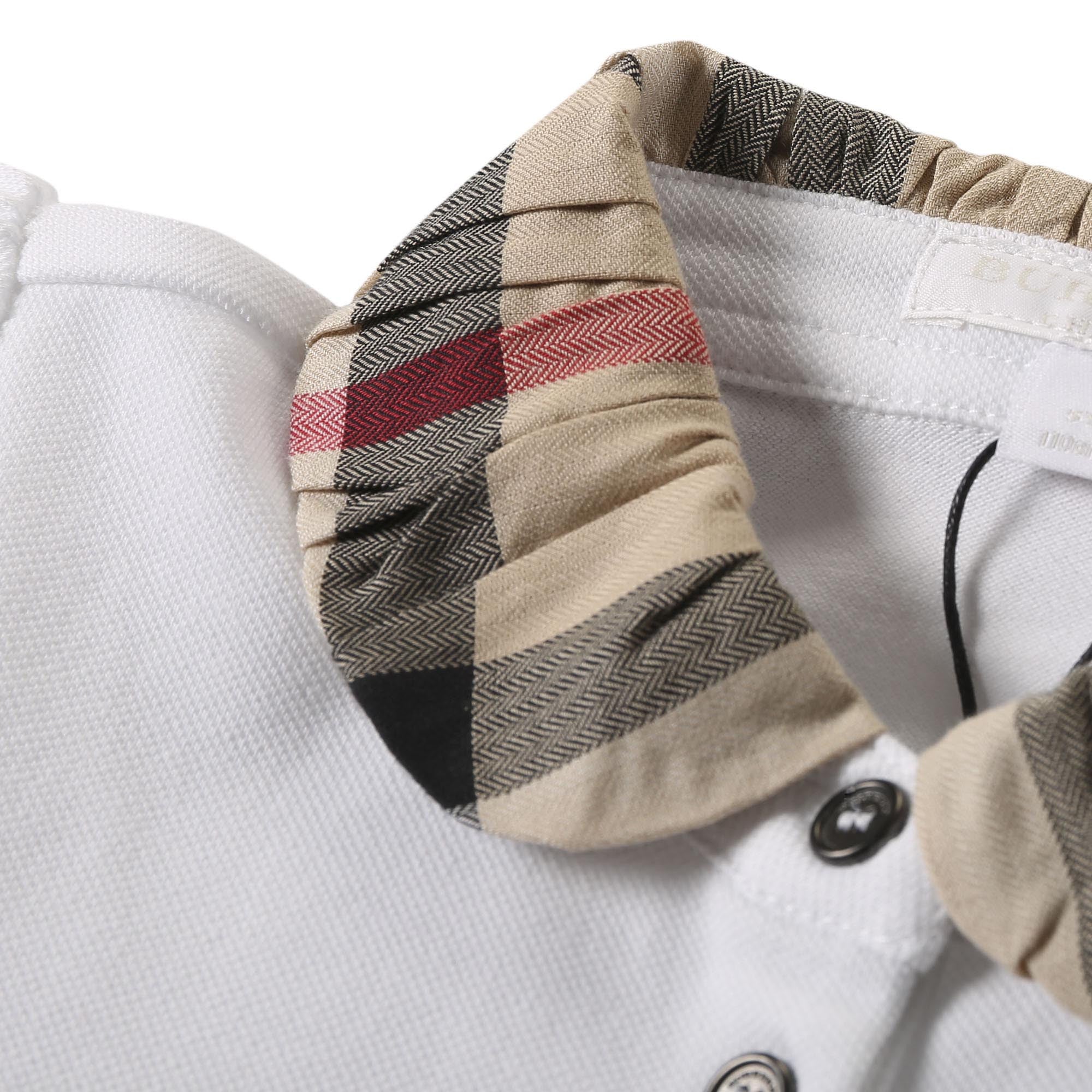 Girls White Cotton Polo Shirt With Beige Check Collar - CÉMAROSE | Children's Fashion Store - 3