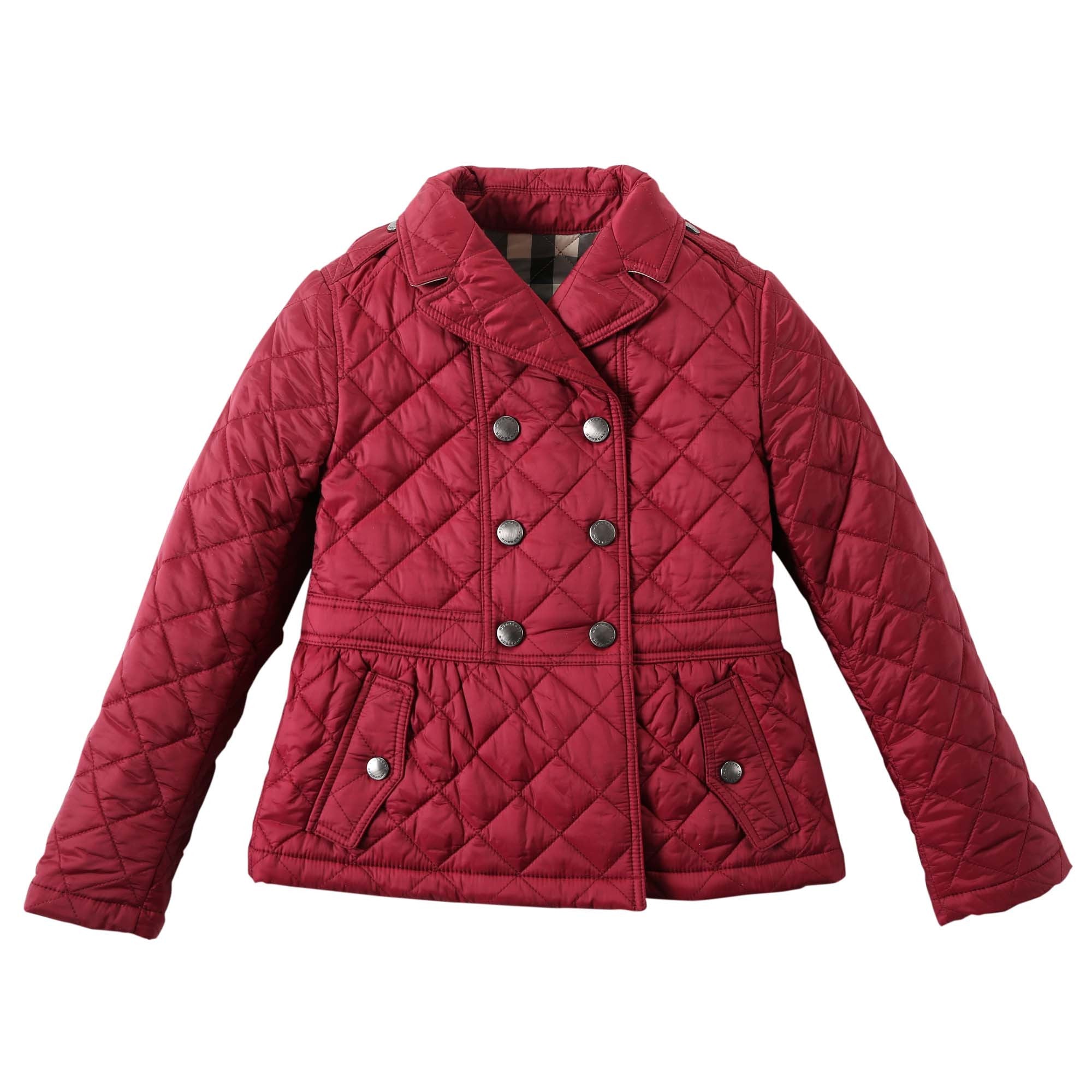 Girls Dark Pink Quilted Jacket With Check Trim - CÉMAROSE | Children's Fashion Store - 1