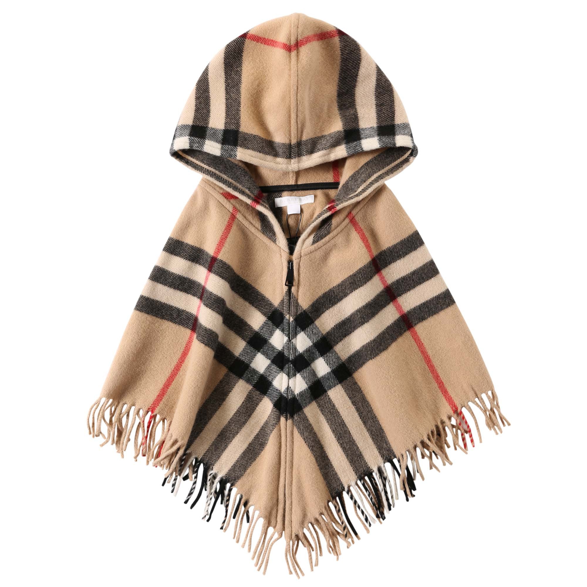 Girls Beige Check Hooded Wool Shawls - CÉMAROSE | Children's Fashion Store - 1