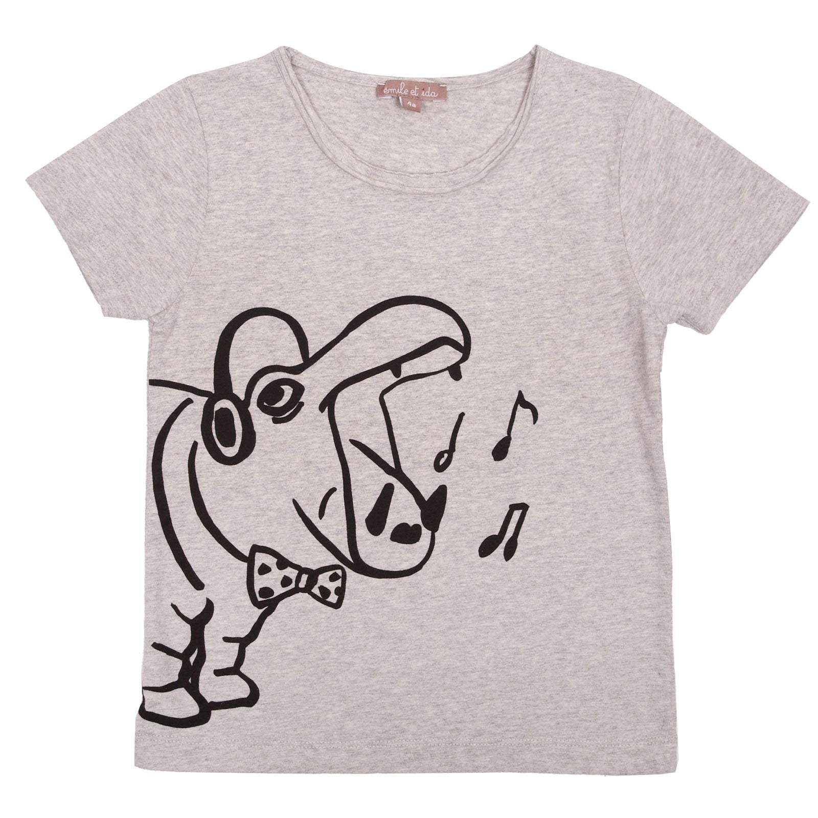 Girls Grey Hippo Printed Cotton T-Shirt - CÉMAROSE | Children's Fashion Store