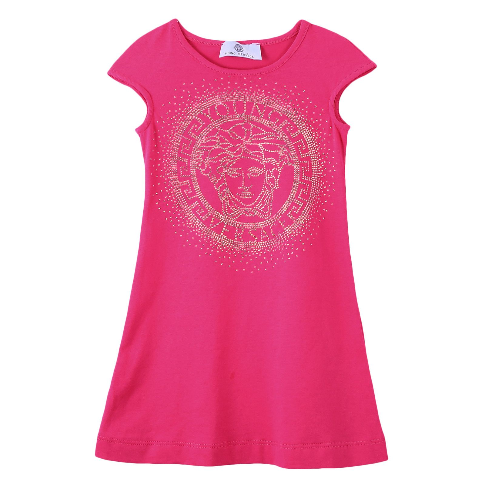 Girls Fuchsia Cotton Dress With Gold Rhinestone Logo - CÉMAROSE | Children's Fashion Store - 1